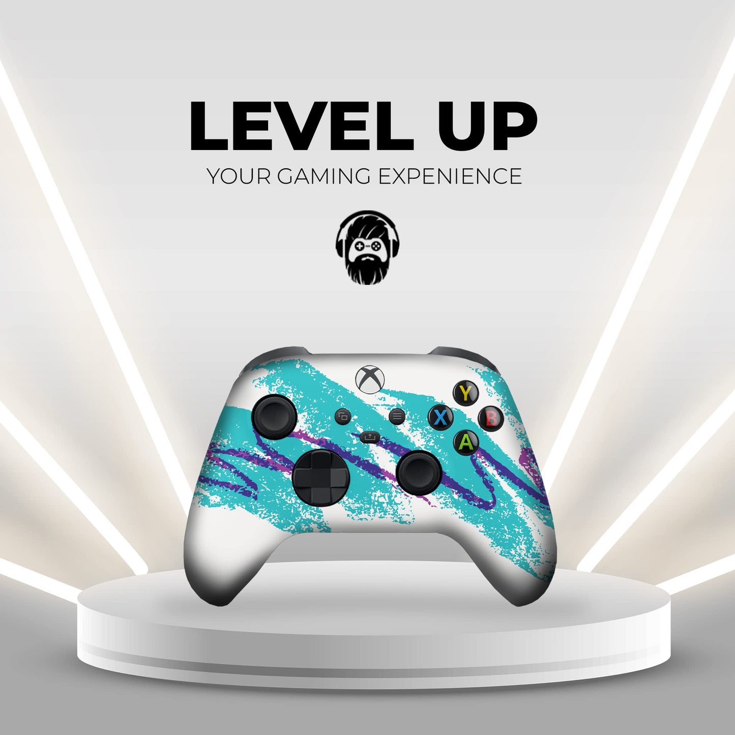Xbox controller on a stand with teal splatter design and colored buttons