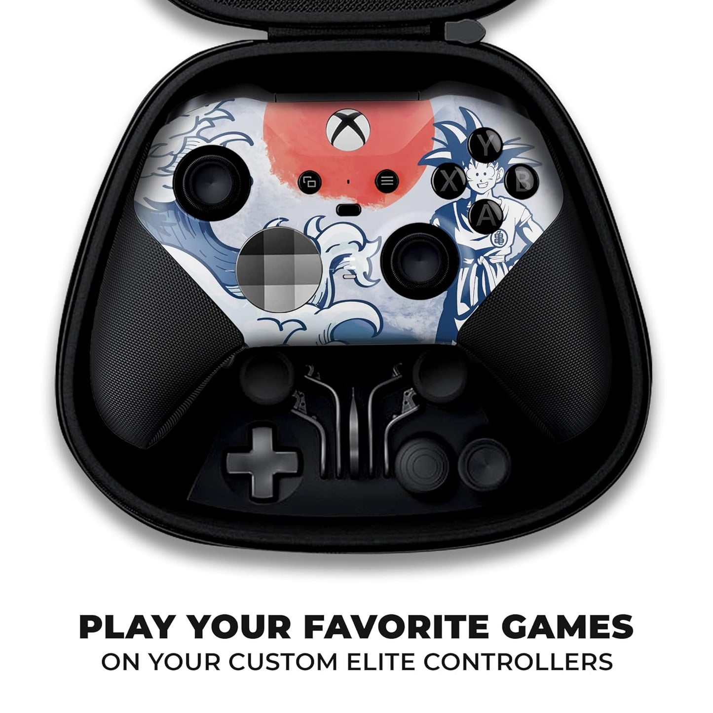 Xbox Elite Series 2 controller in black case, blue/red hydro-dip anime faceplate