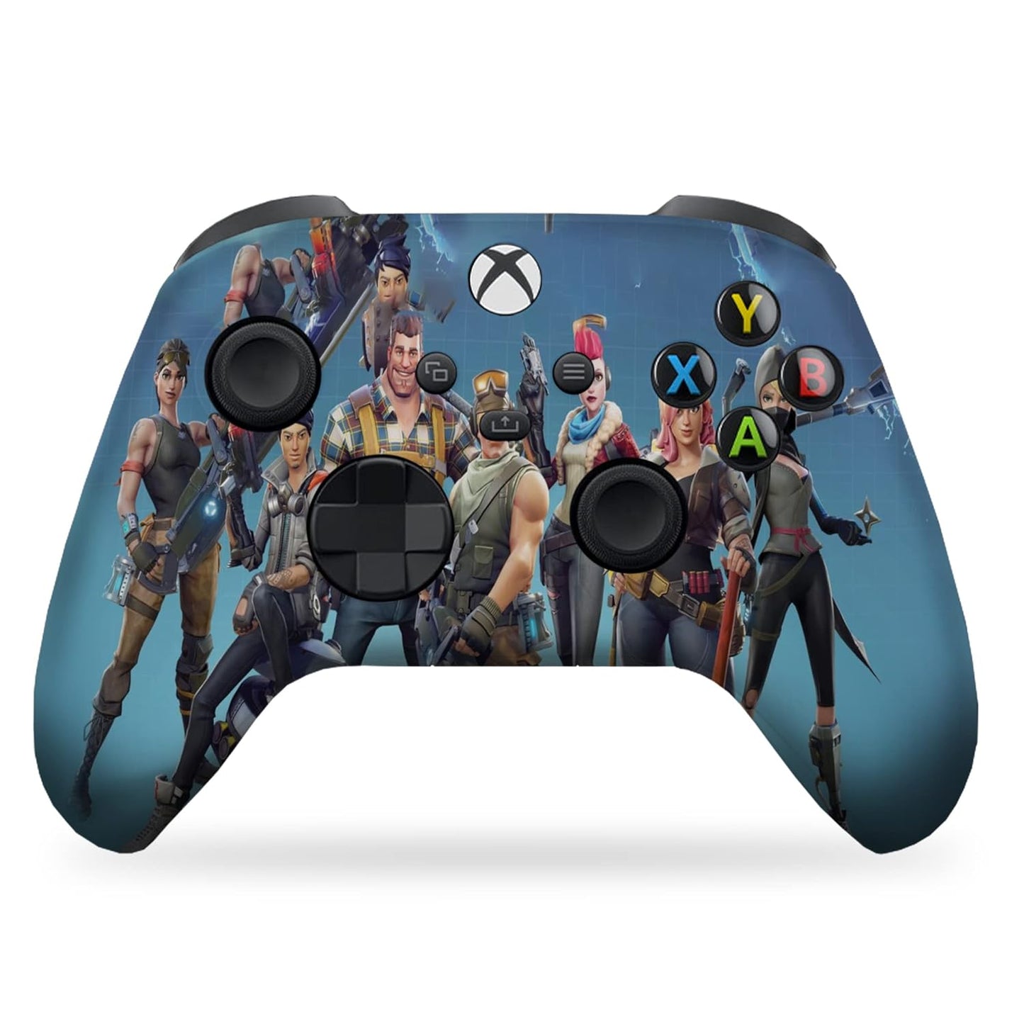 Blue Xbox controller with Fortnite-inspired character graphic, black thumbsticks, and ABXY buttons
