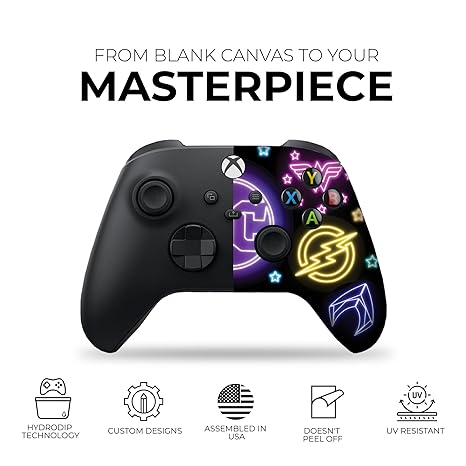 Xbox Series X controller with neon DC Comics front design and black thumbsticks