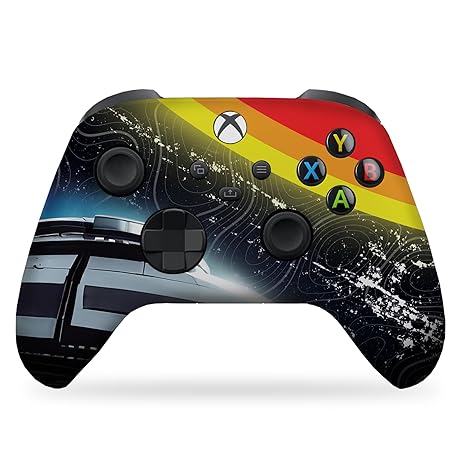 Xbox Series X controller front view, cosmic galaxy skin with rainbow top stripe and glowing buttons