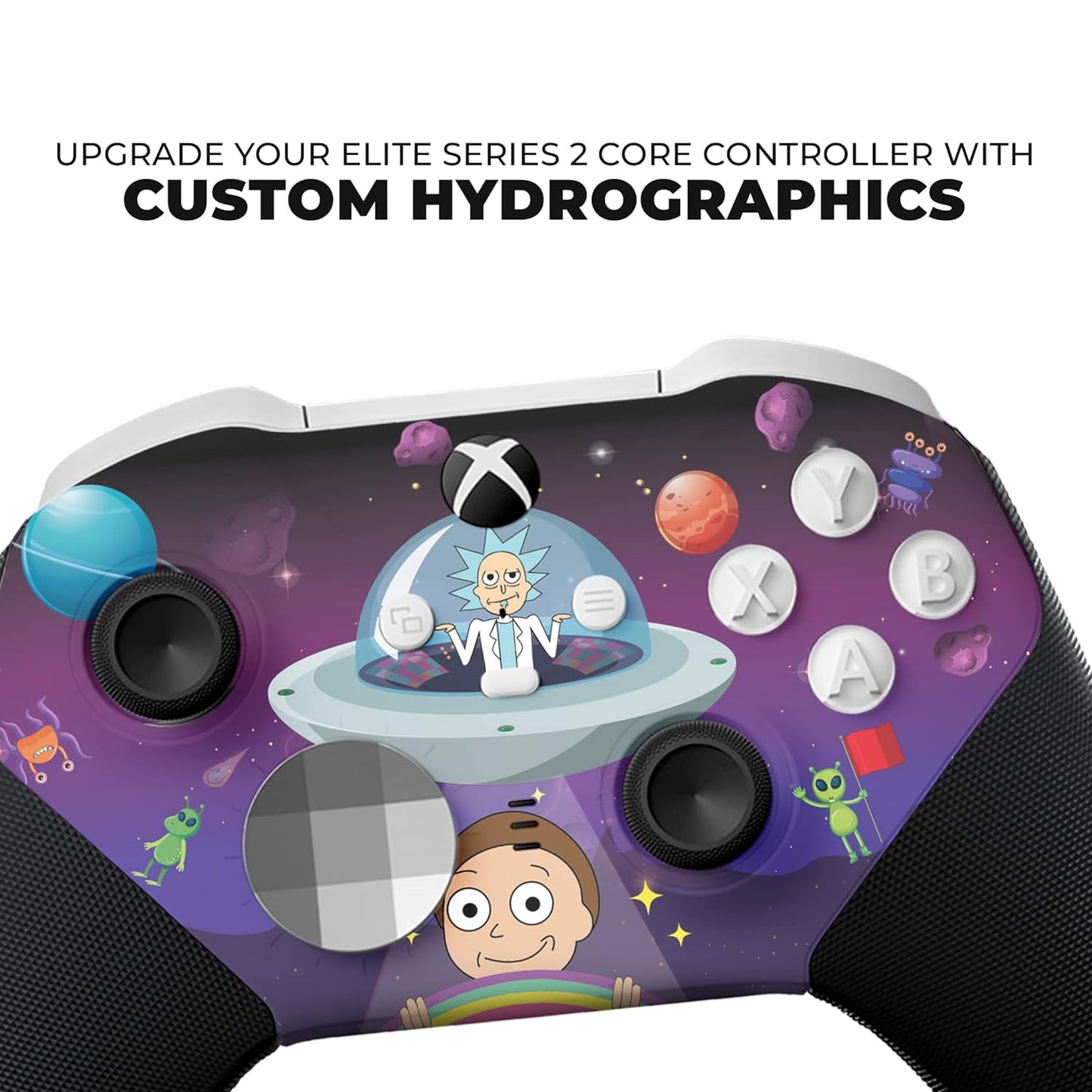 Close-up purple Xbox controller front with thumbsticks, buttons, and character art