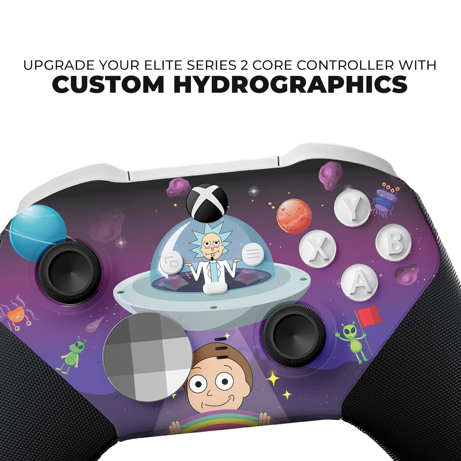 Close-up purple Xbox controller front with thumbsticks, buttons, and character art