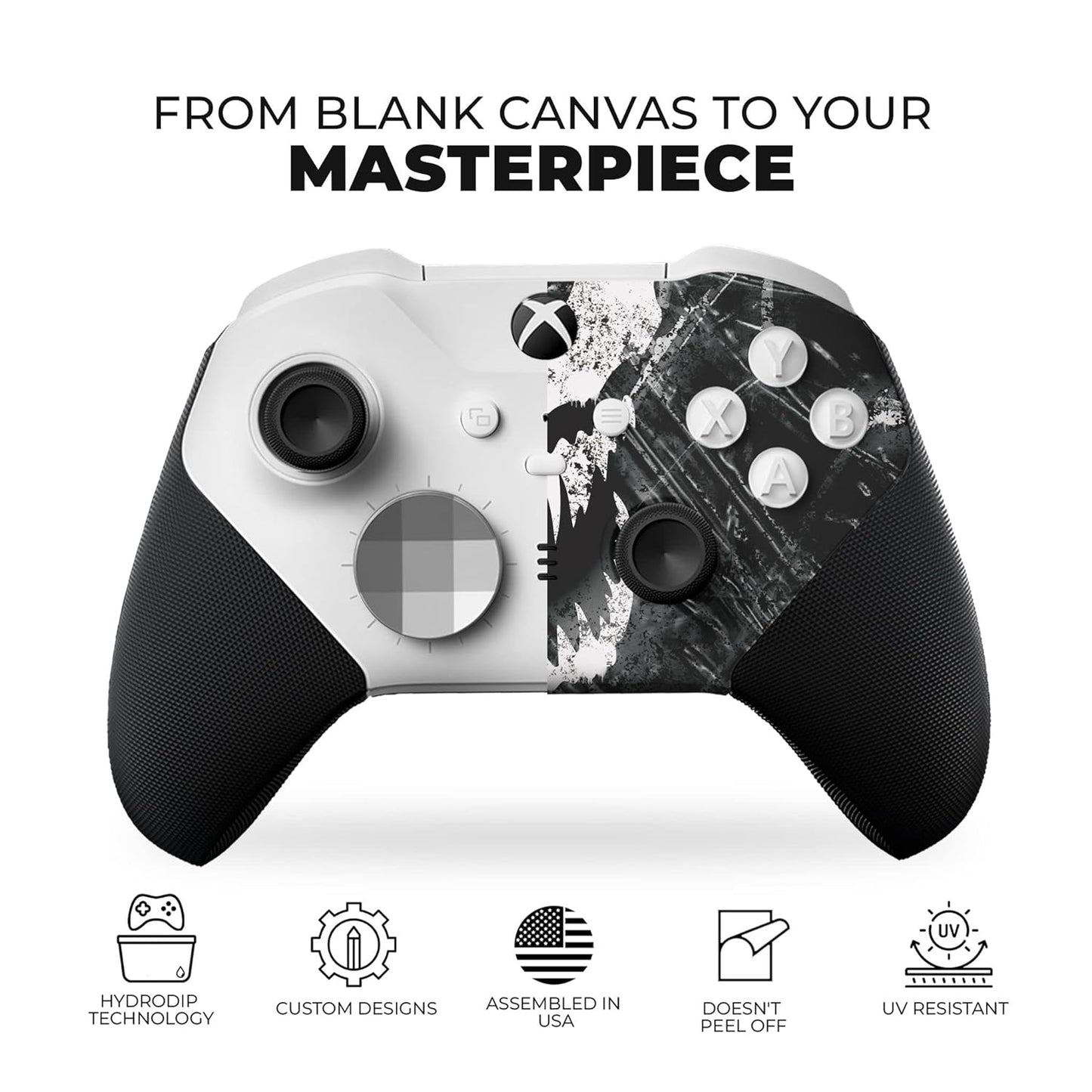 Xbox Elite Series 2 Core game controller front view with black and white hydrodip skull graphic