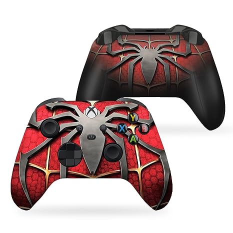 Spider-themed Xbox controller, front and back views with red web pattern and multicolor buttons