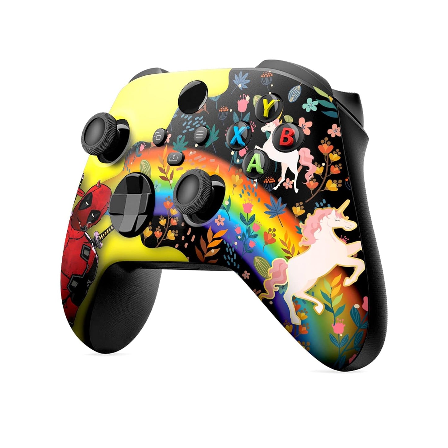 Custom Xbox Series X controller with yellow shell and Deadpool-unicorn artwork, front view