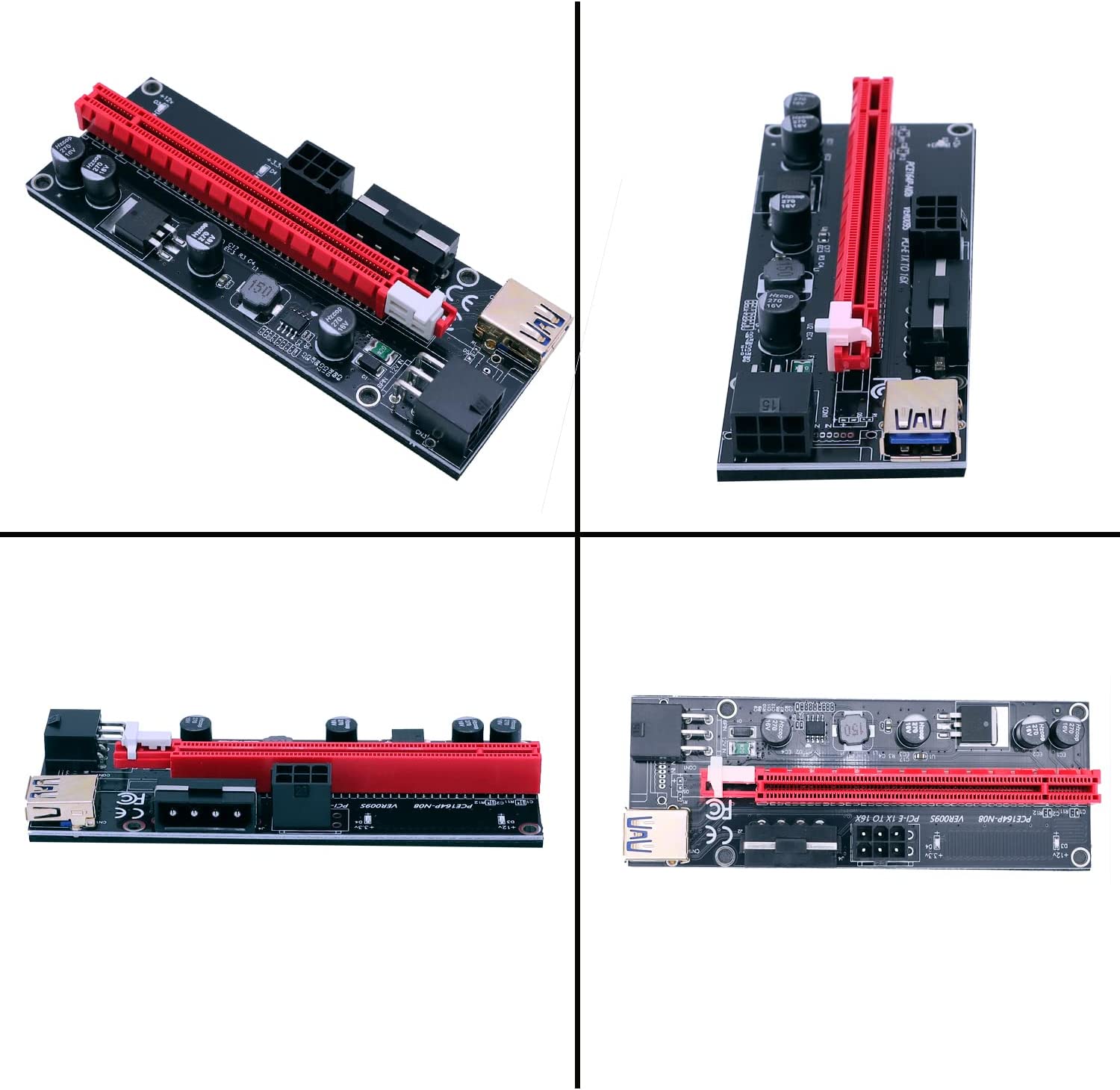 PCIe X1 to X16 extender riser cable card with red PCIe slot and black PCB connectors