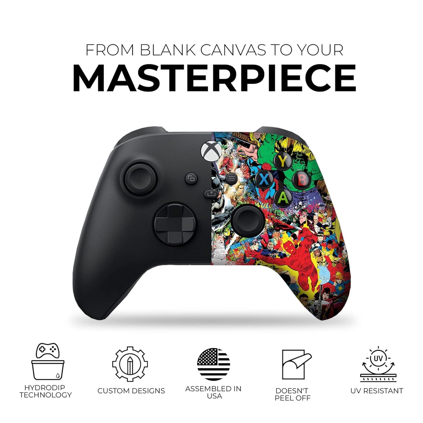 Custom Xbox controller with comic print on right half and dark left shell