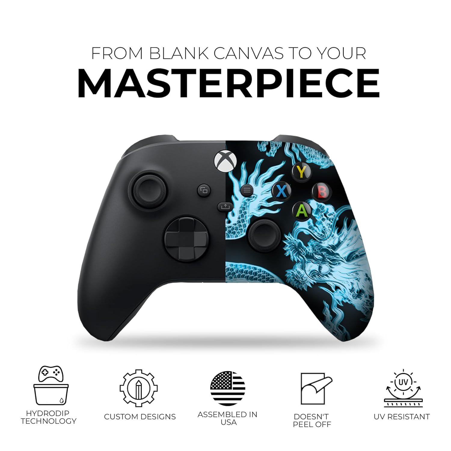 Xbox controller with black left grip and blue dragon right-side design