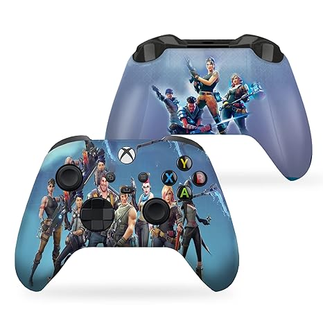Blue Xbox wireless controller with Fortnite character lineup art and black thumbsticks