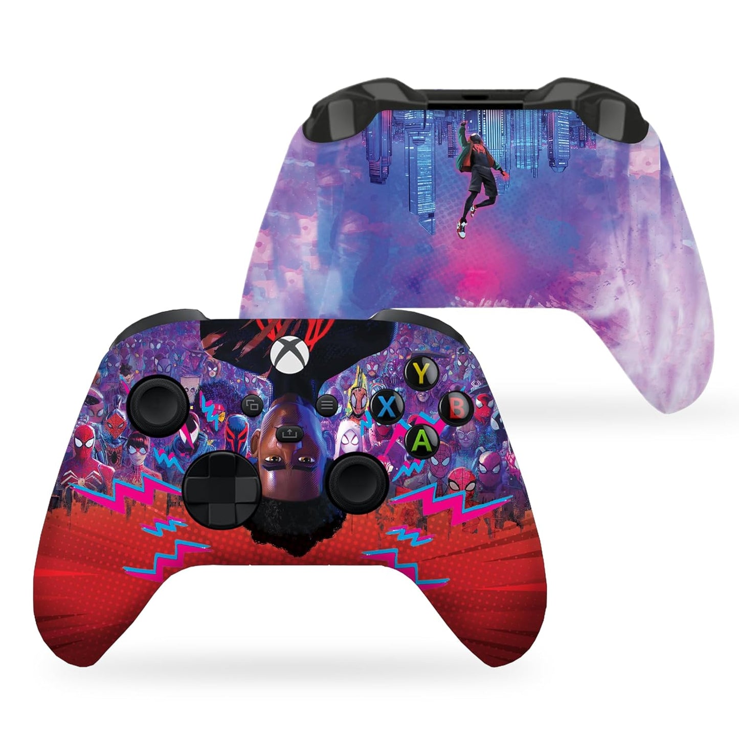 Xbox controller skin showing front and back with Spider-Verse Miles purple-red artwork
