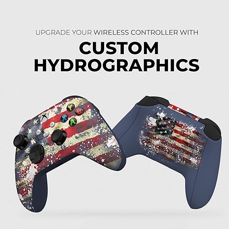 Xbox Series X controller with tattered flag hydrographic print, two controller views
