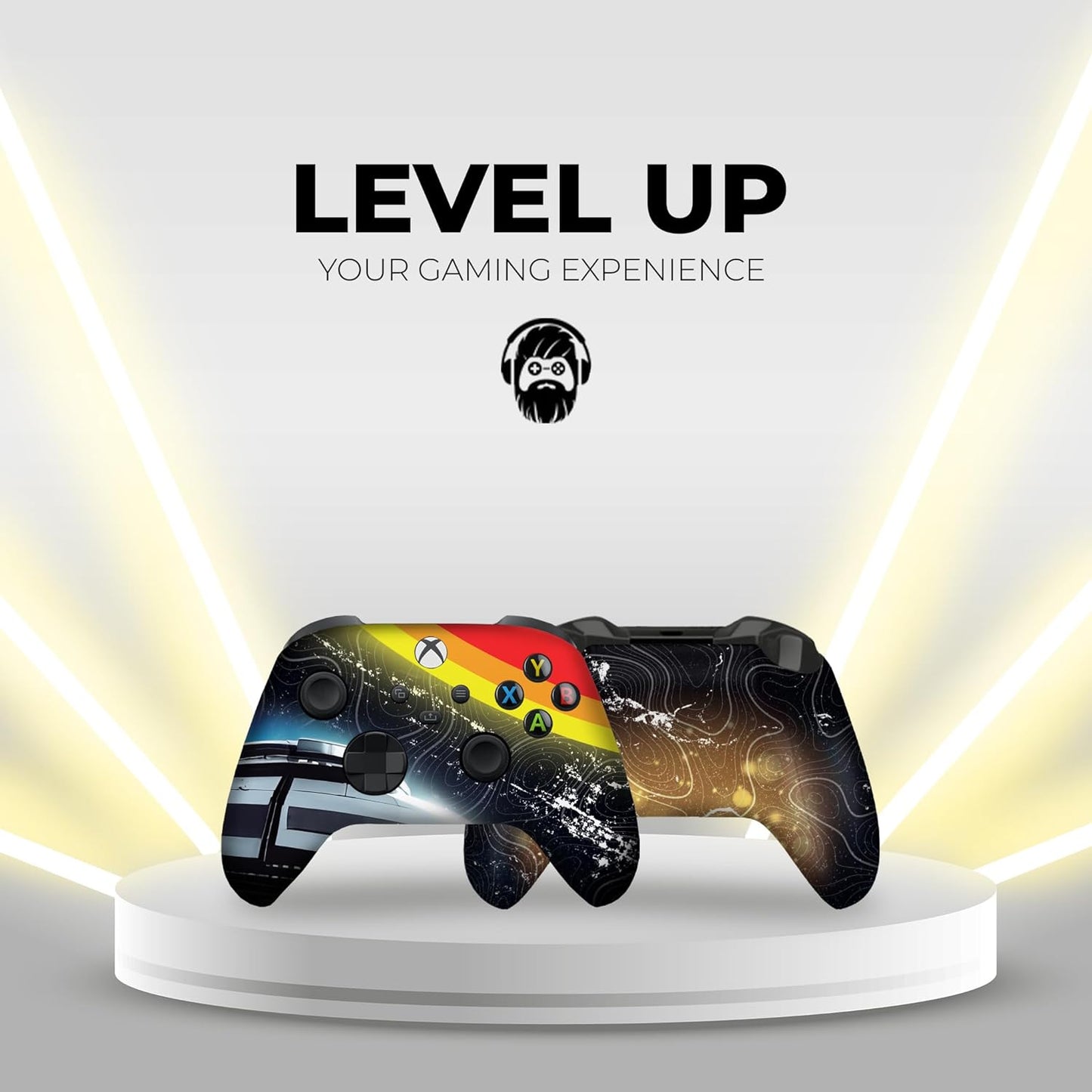 Xbox Series X controller on display with cosmic galaxy wrap and multicolor button icons