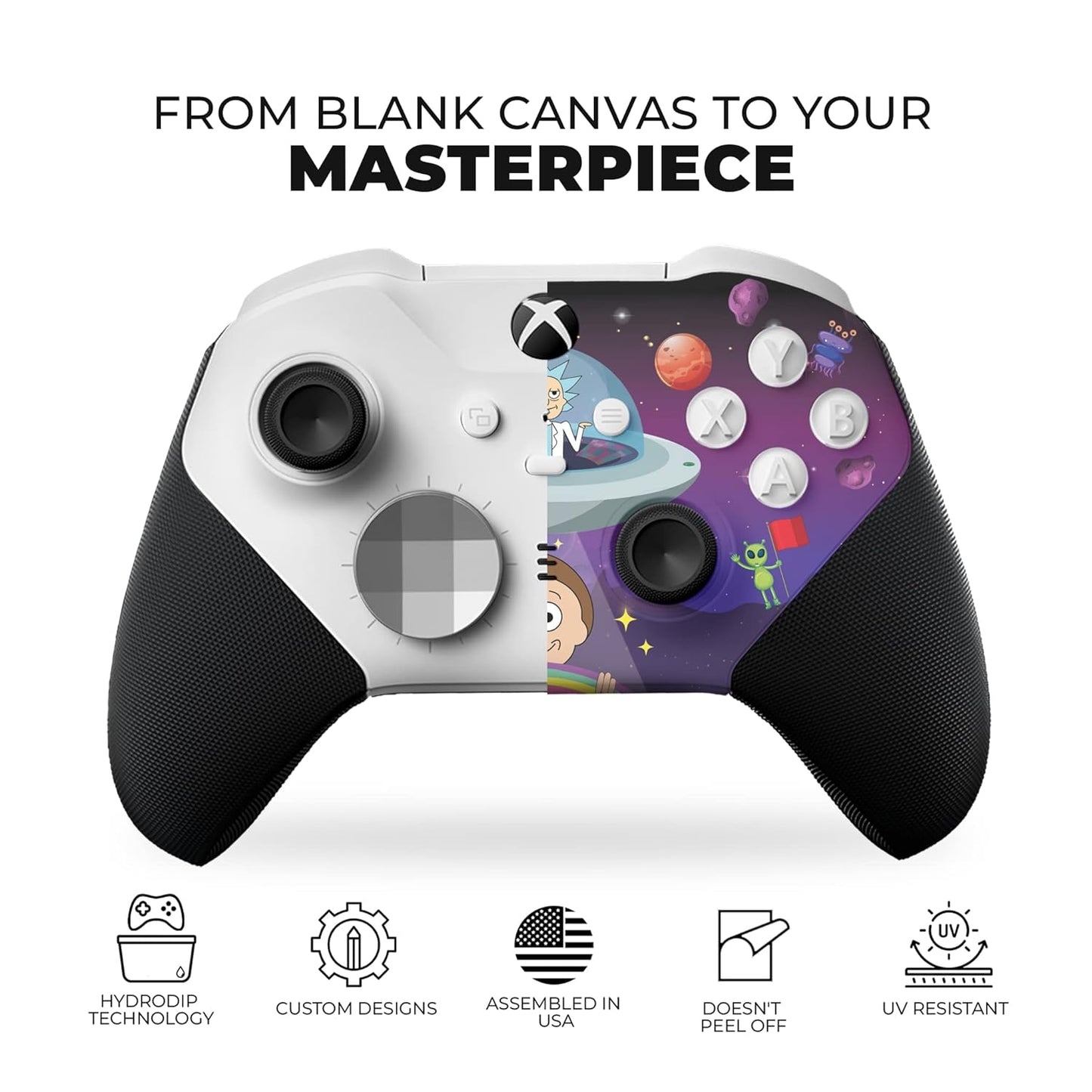White and purple Xbox controller front with hydro-dipped sci-fi character graphic