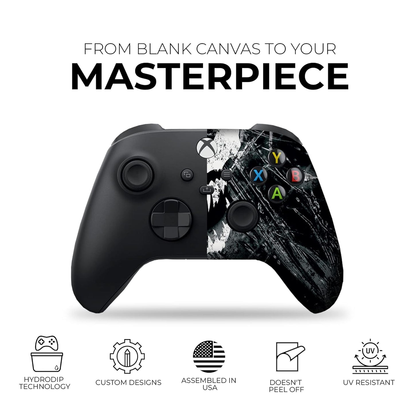 Black Xbox wireless controller front with skull graphic, D-pad, and colored ABXY buttons
