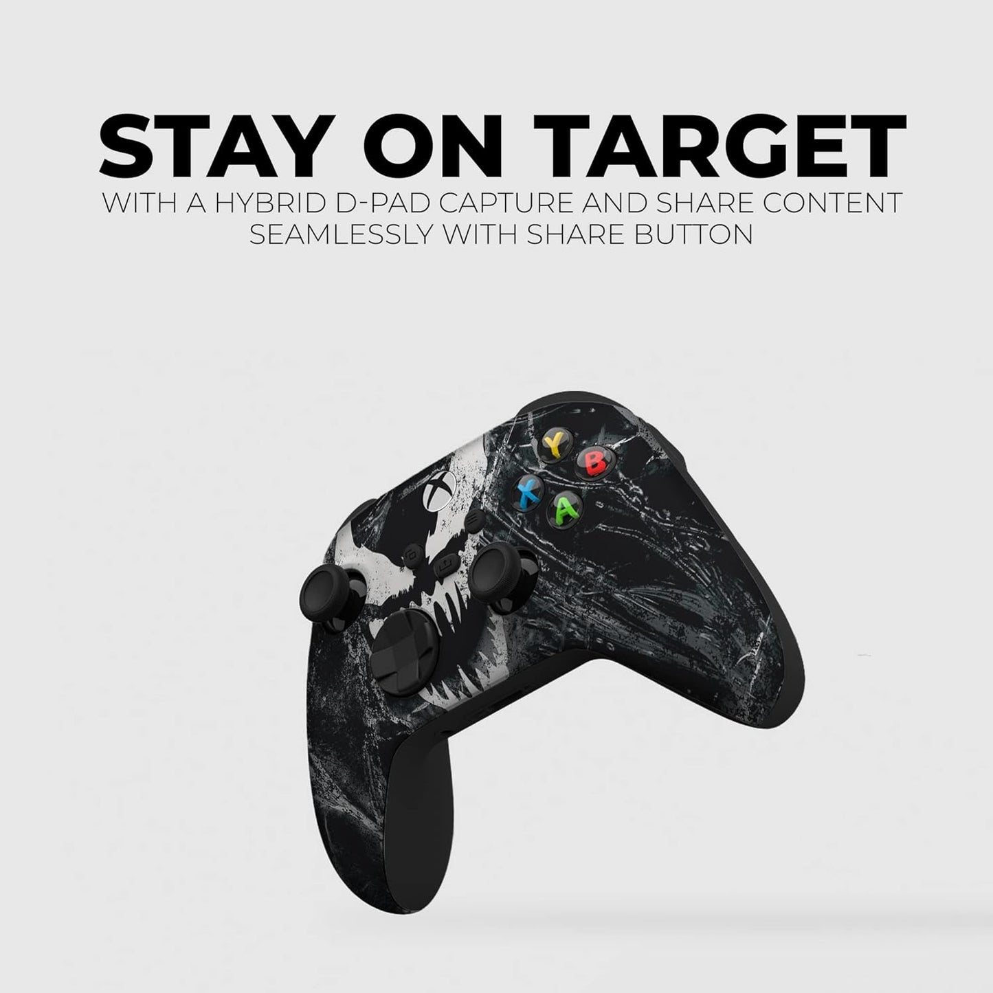 Black Xbox wireless controller angled view with skull print and colored ABXY buttons