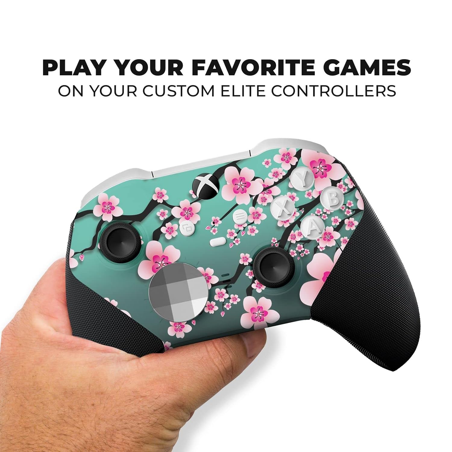 Xbox Elite Core controller in hand with teal cherry blossom skin and black textured grips