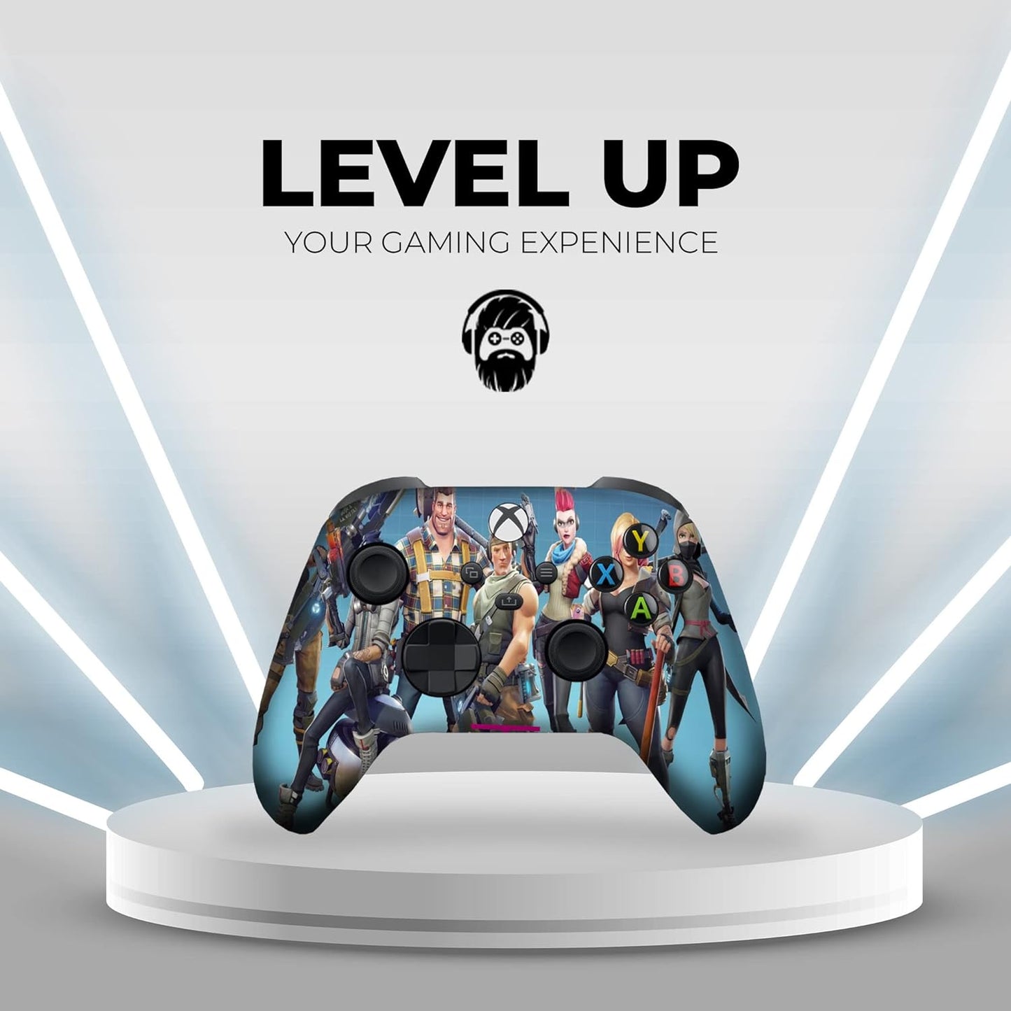 Blue Xbox controller with Fortnite-inspired character artwork and black thumbsticks