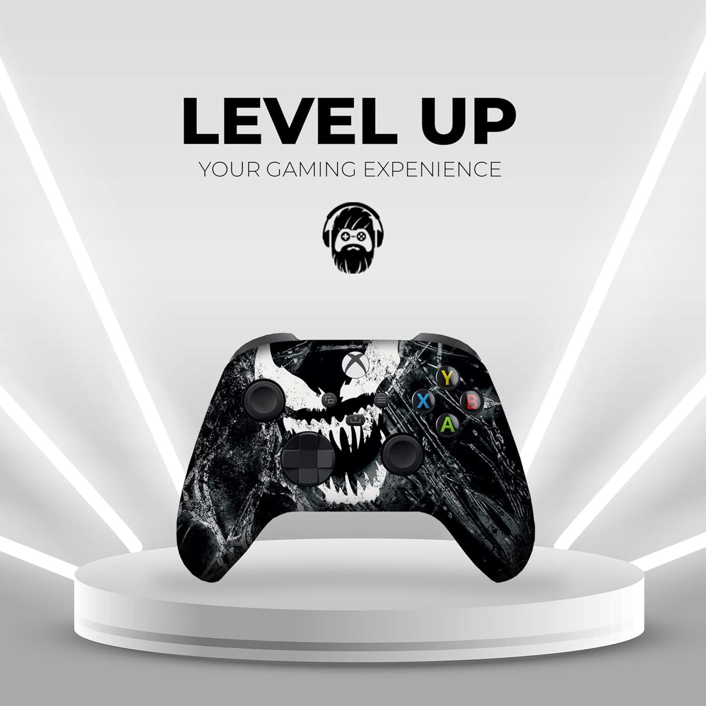 Black Xbox wireless controller with skull graphic and colored ABXY buttons on the face