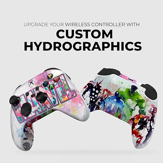 White Xbox Series X controller with multicolor MARVEL artwork on top and black thumbsticks