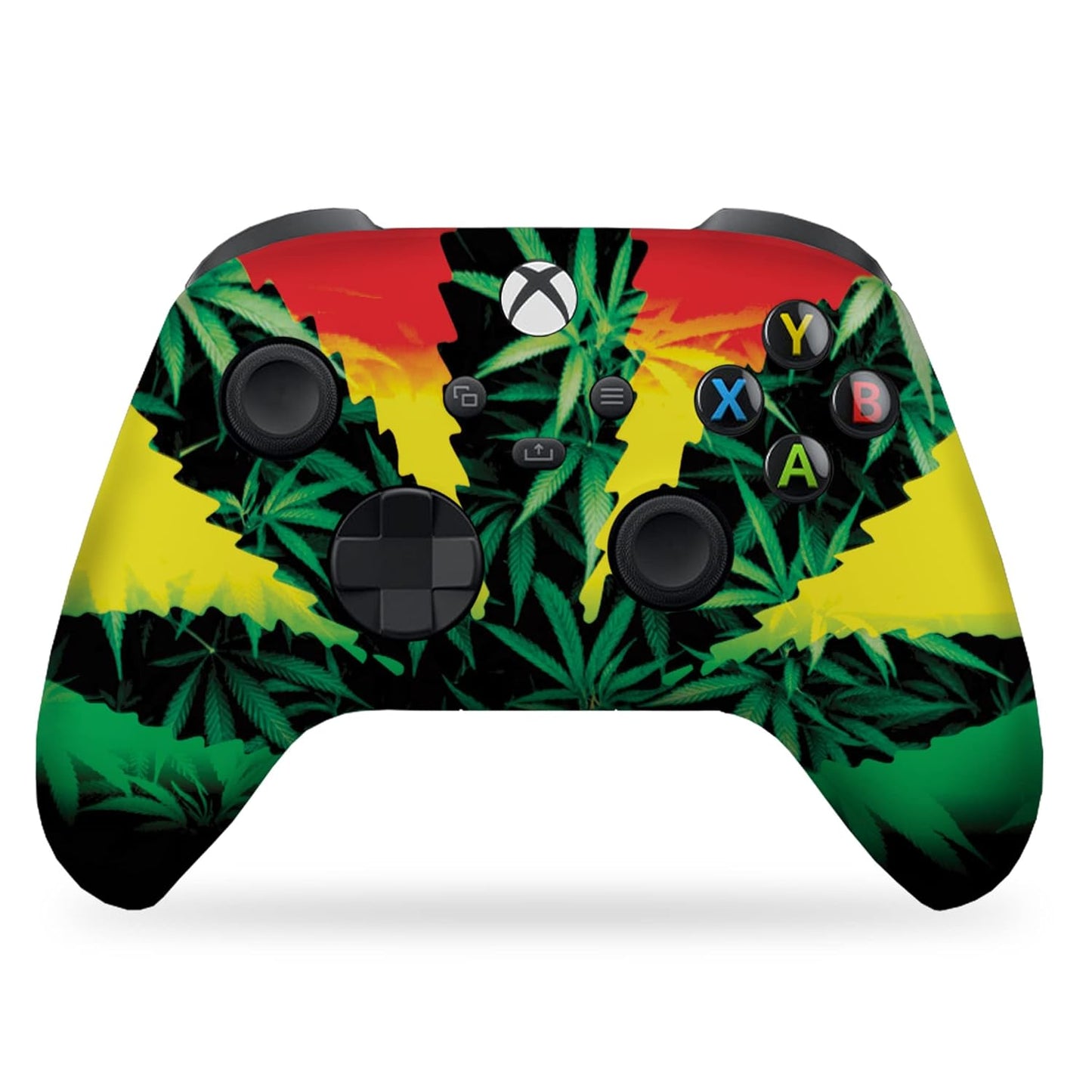 Xbox Series X controller with black weed-leaf graphic in green, yellow, and red