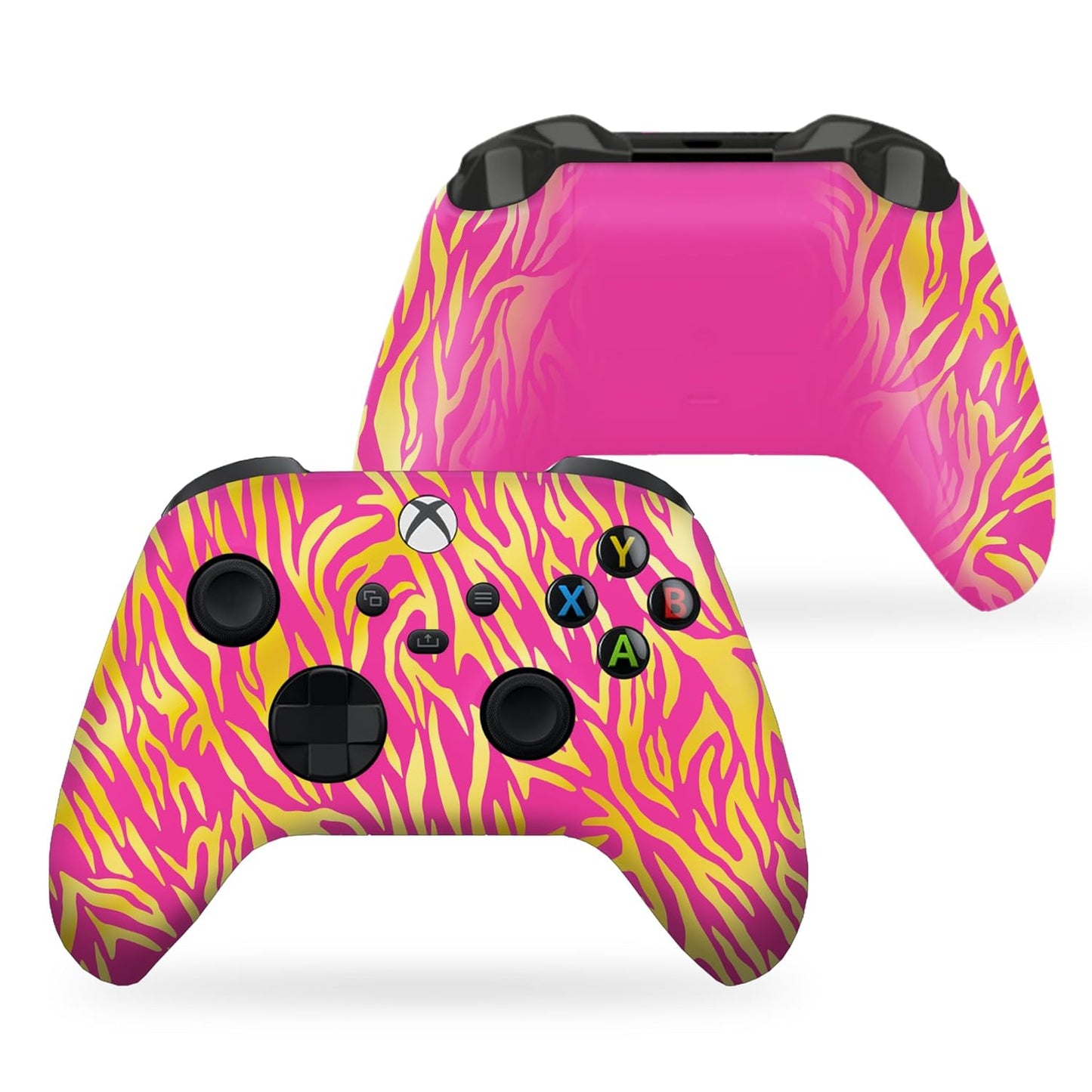 Xbox Series X wireless controller in tiger-print skin with magenta back, black triggers