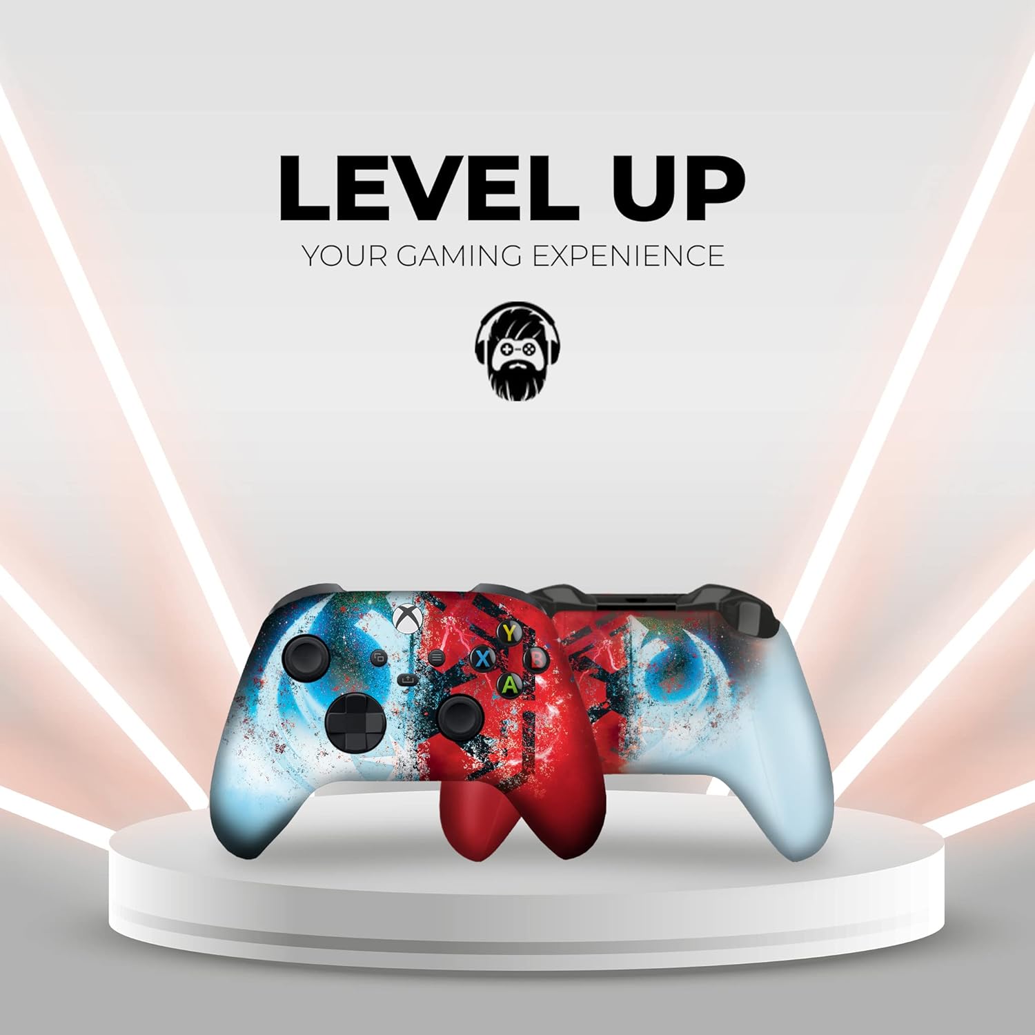 Xbox Series X controller with red/blue speckled graphic, colored ABXY buttons and black thumbsticks