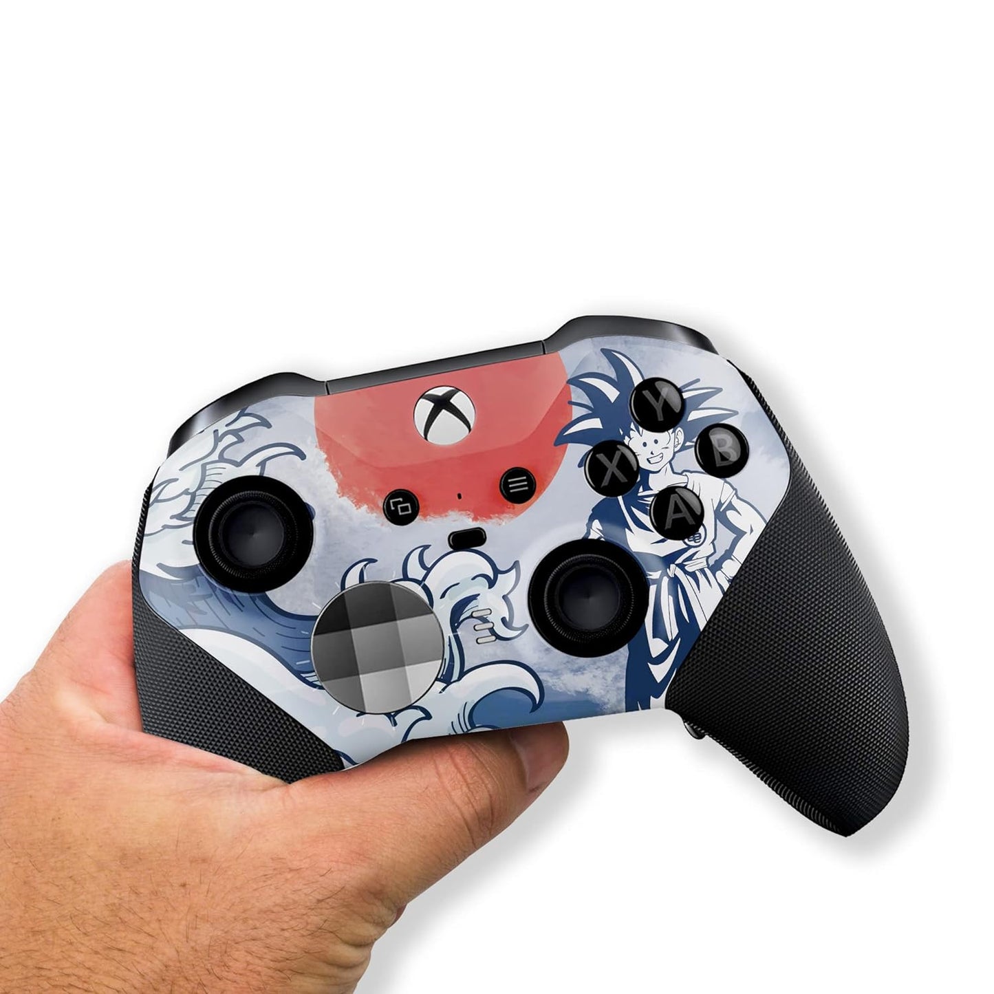 Xbox Elite Series 2 controller held in hand, blue/red hydro-dip anime design