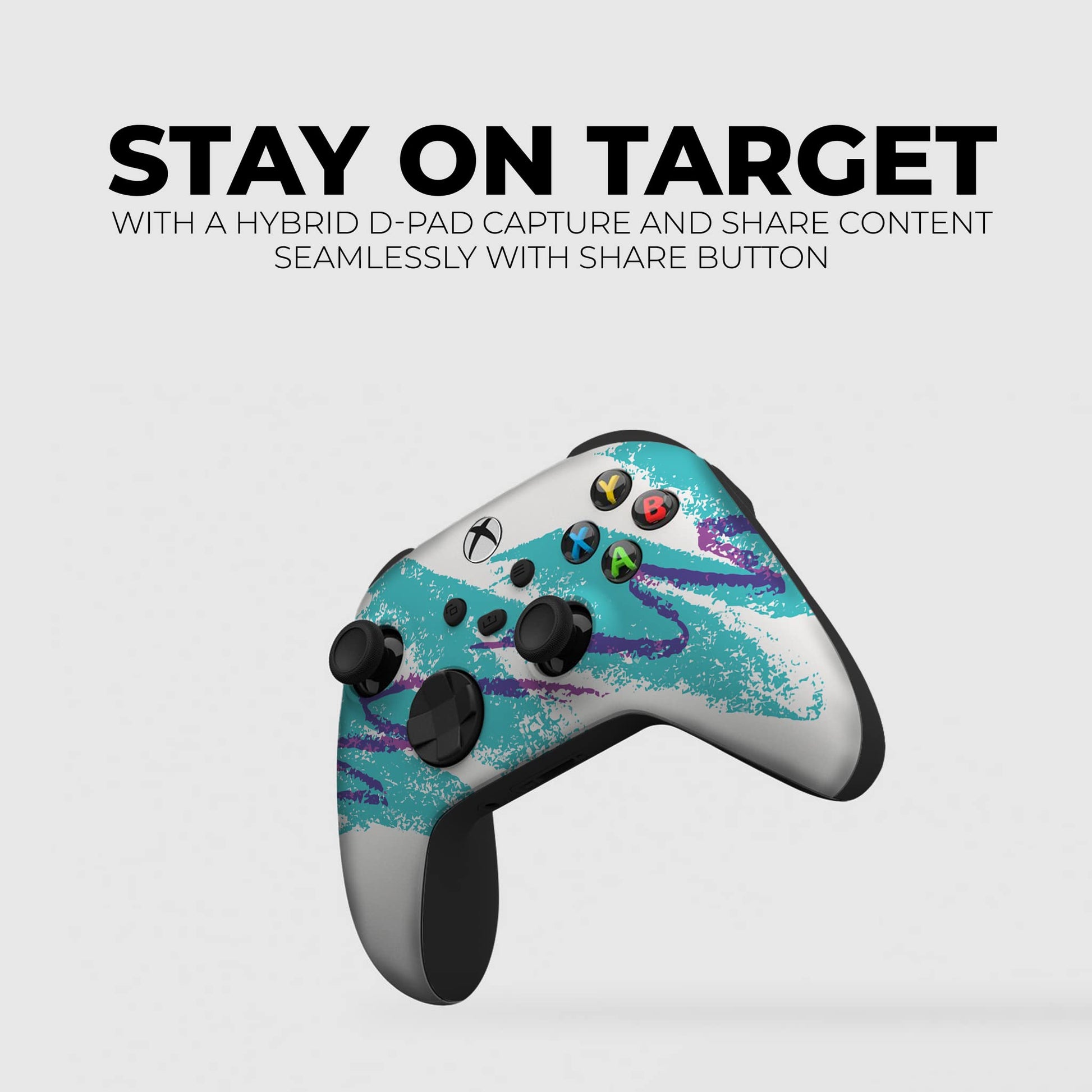 Xbox controller with teal splatter graphic and black thumbsticks