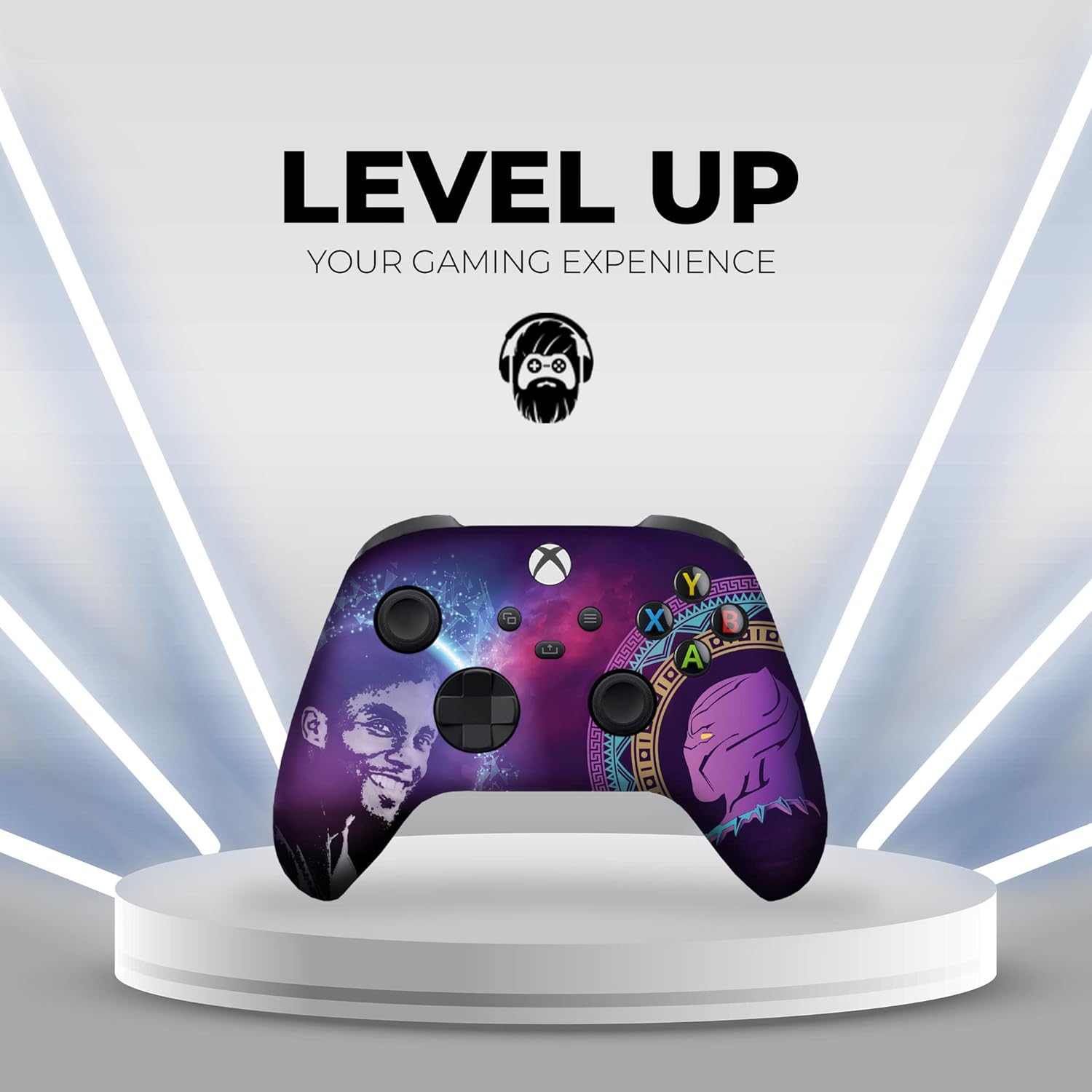 Purple Xbox controller with galaxy print and panther face artwork, centered front view