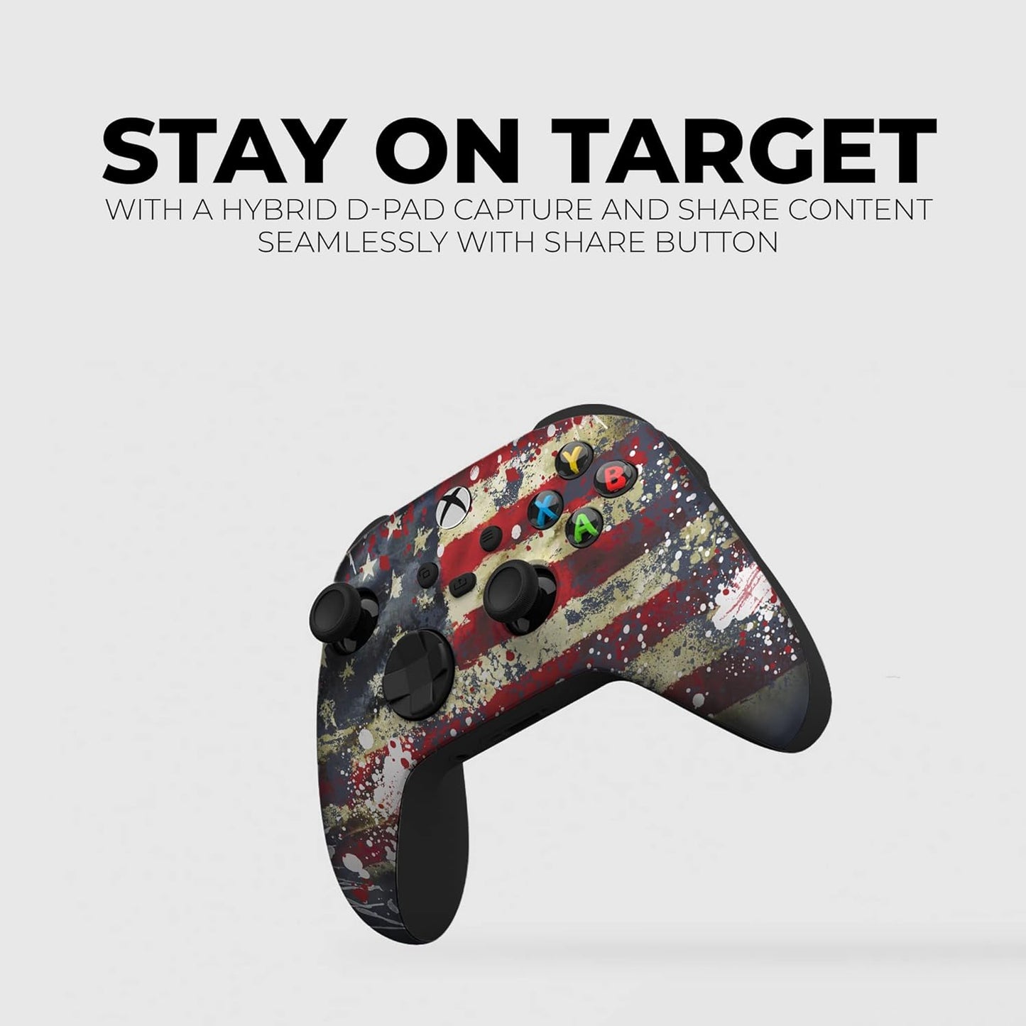 Xbox Series X controller with tattered flag splatter print, black analog sticks and face buttons