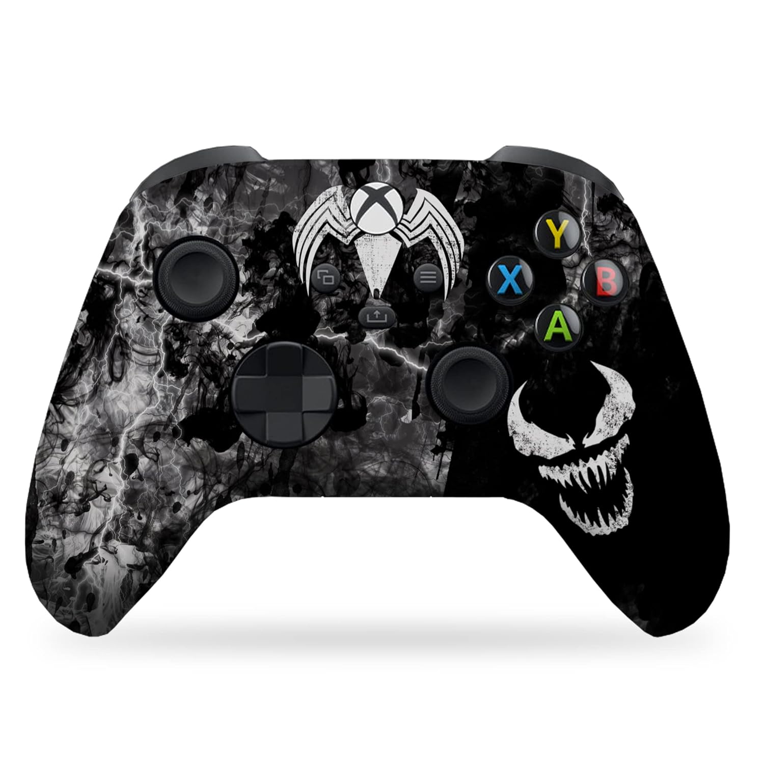 Black Xbox Series X wireless controller with Venom skull graphic and colored face buttons