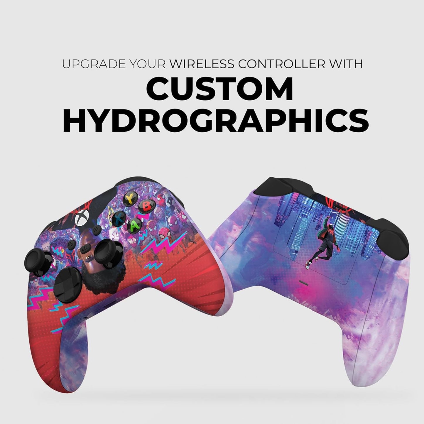 Xbox controller skin with custom hydrographics, split Spider-Verse Miles purple and red design