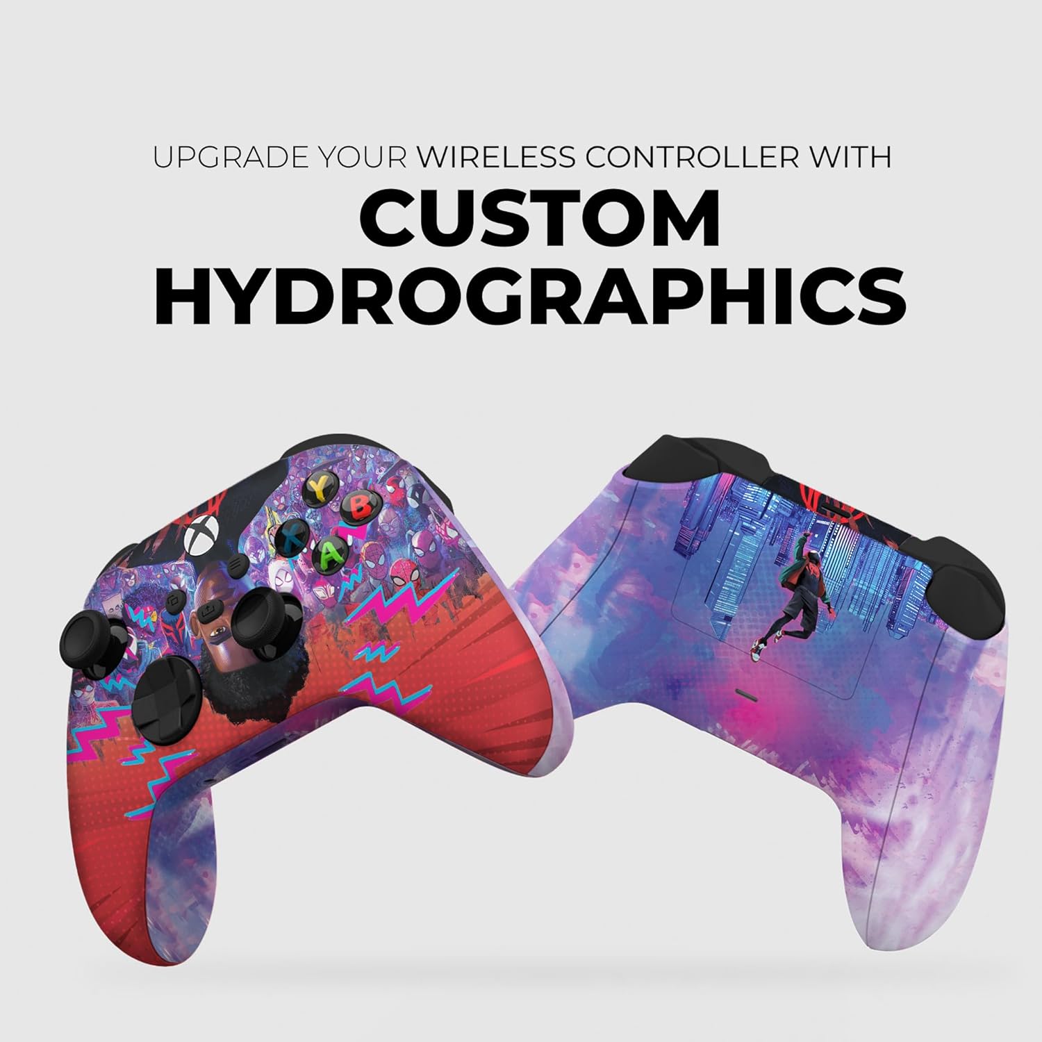 Xbox controller skin with custom hydrographics, split Spider-Verse Miles purple and red design
