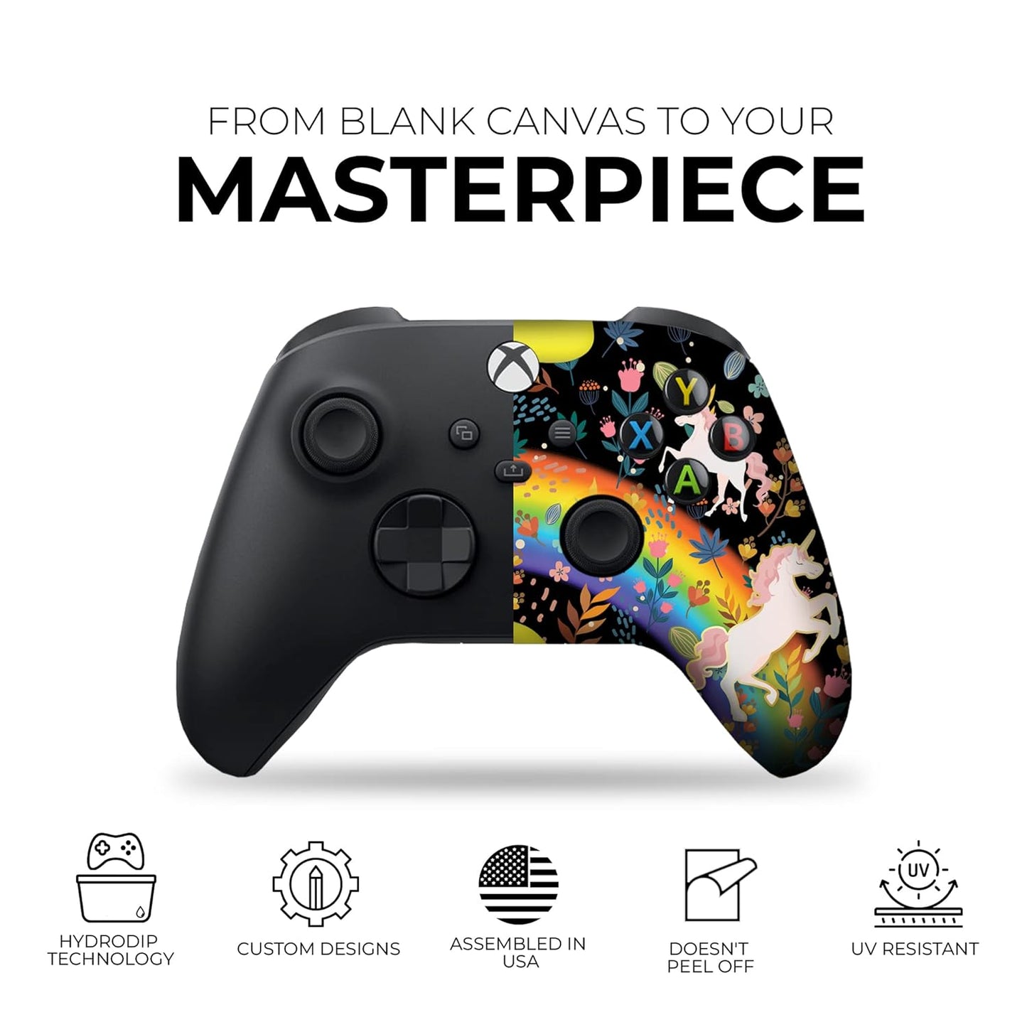 Custom Xbox Series X controller with black face and Deadpool-unicorn artwork on right