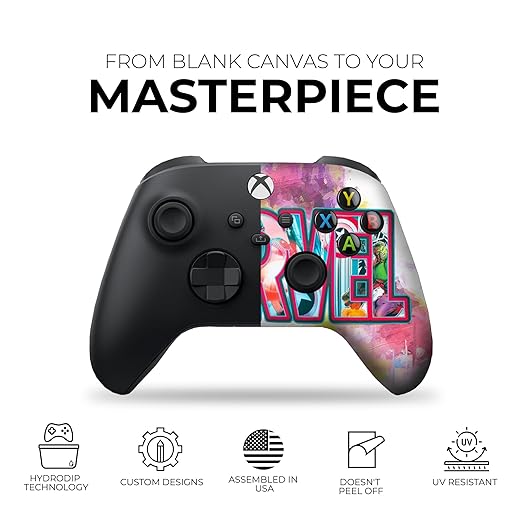 Black Xbox Series X controller with multicolor MARVEL front print, black D-pad and sticks