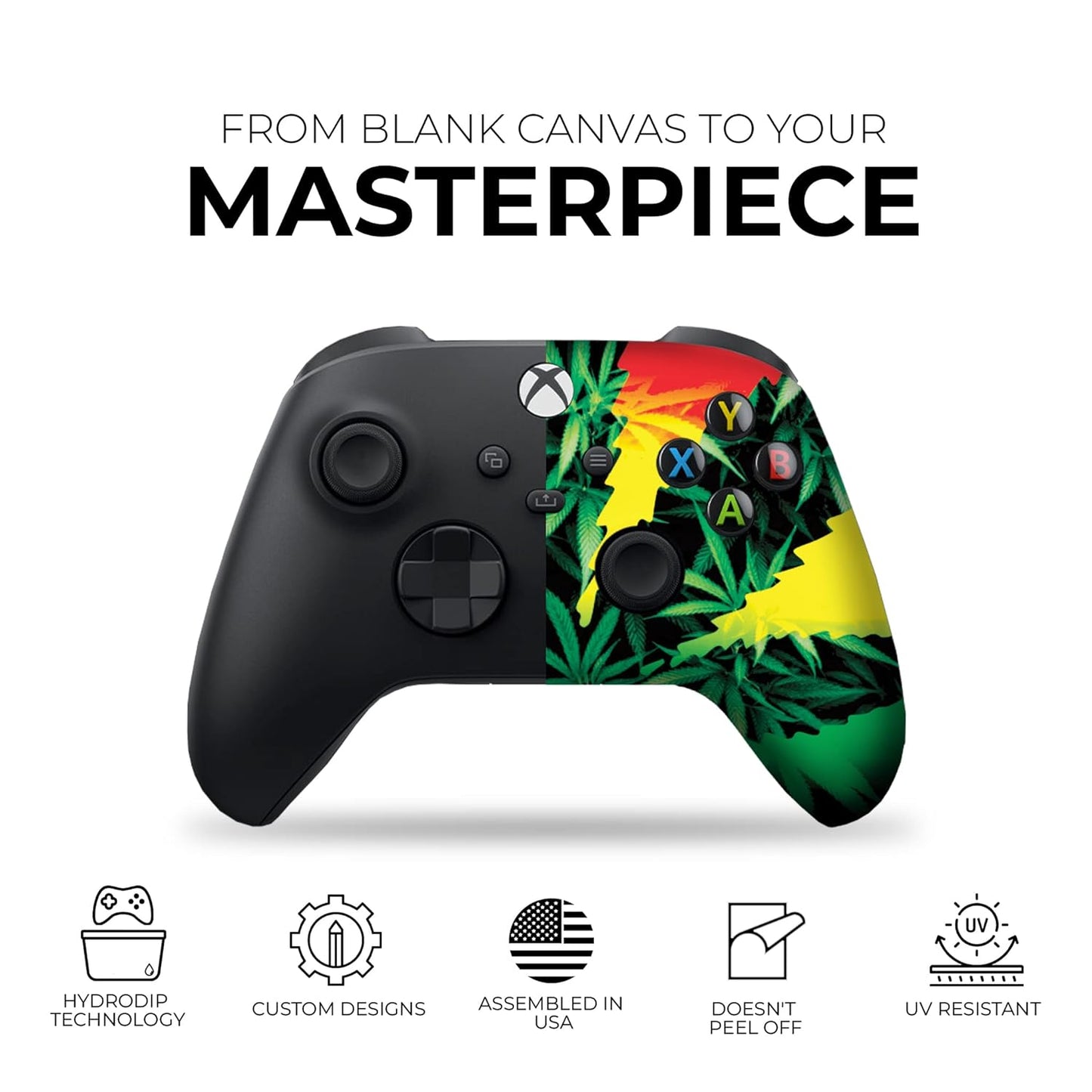 Xbox Series X controller with black weed-leaf graphic panel and colored button icons