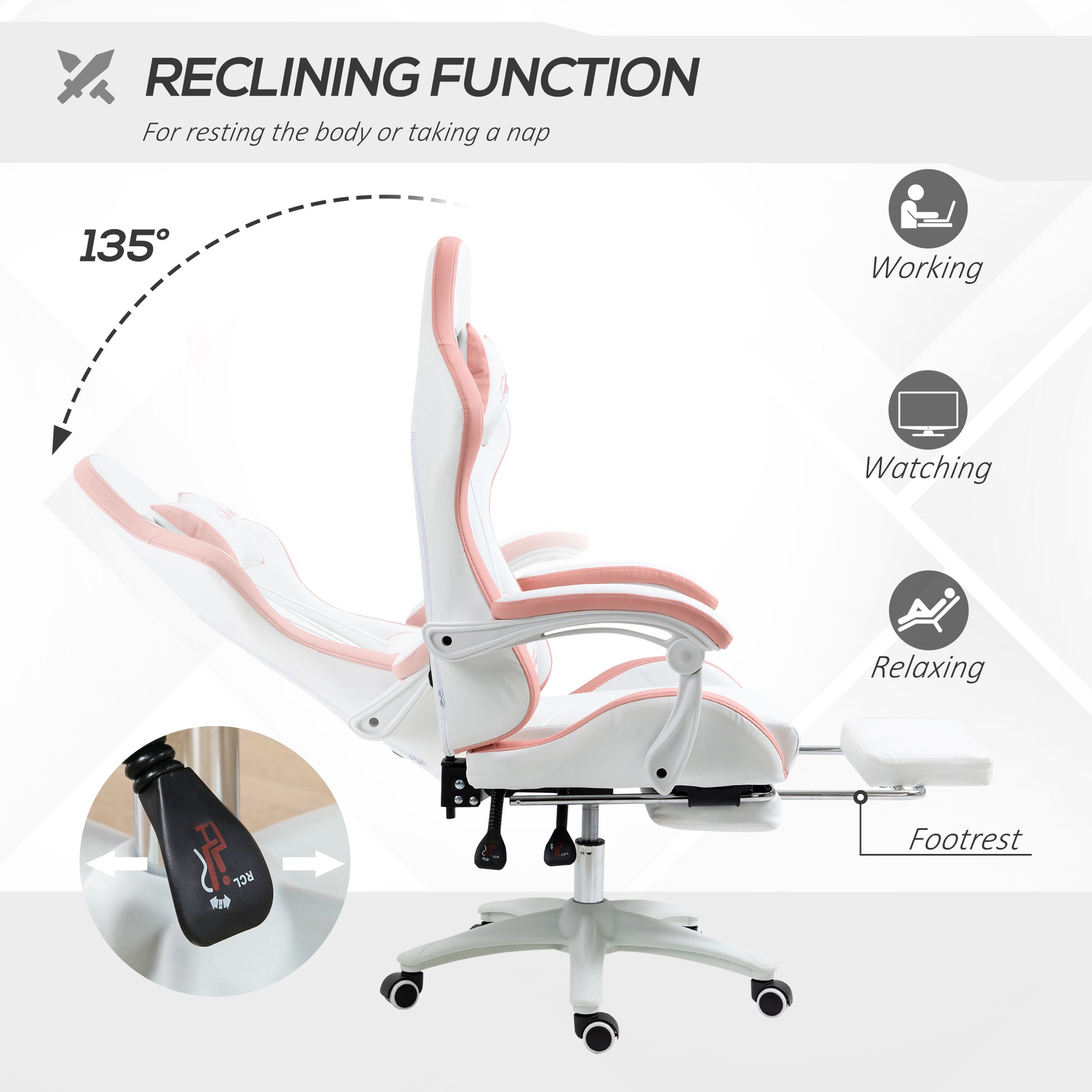 Reclining gaming chair showing 135° back angle, white with pink trim