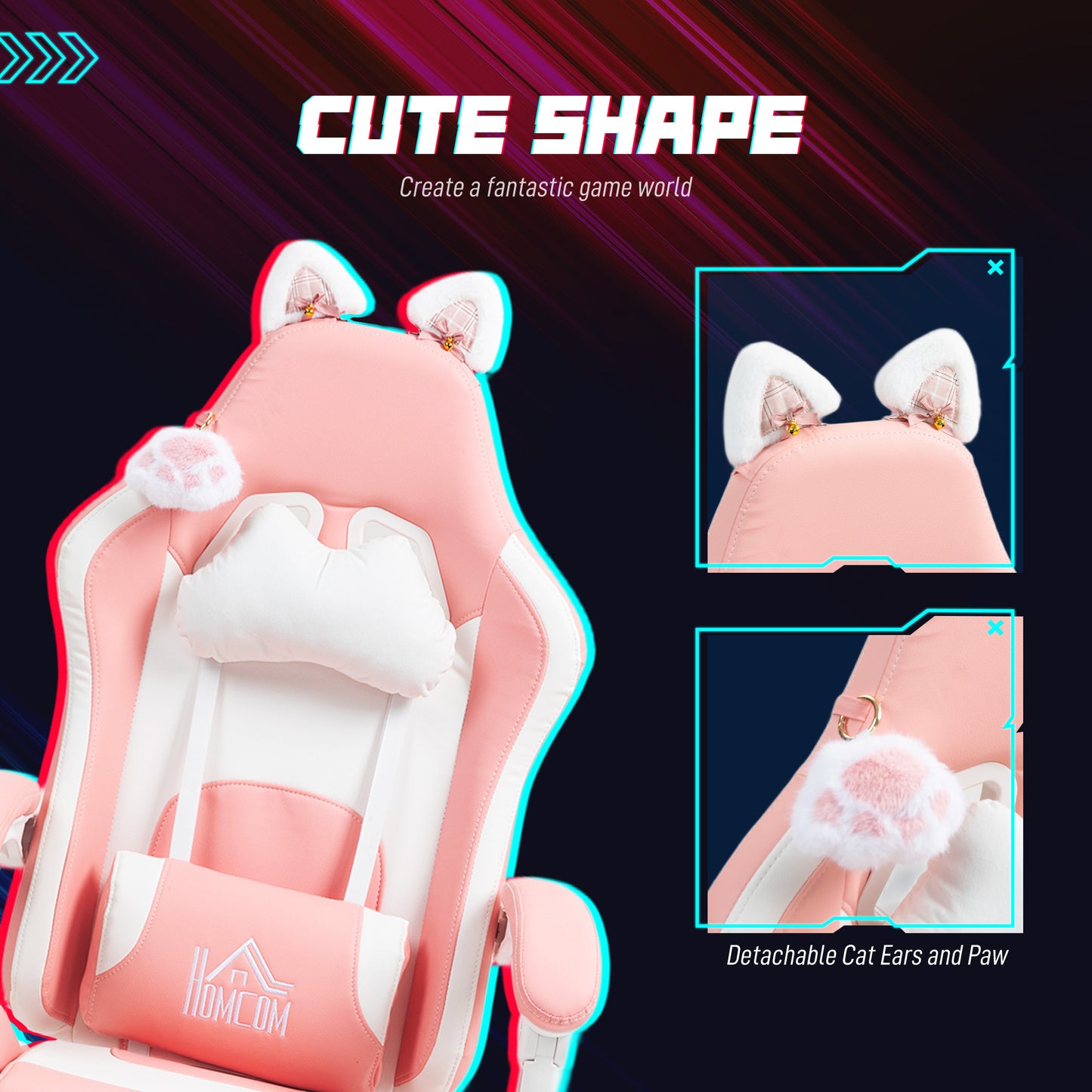 Pink racer chair with cat ears and plush paw pillow, detachable cat-ear and paw details.