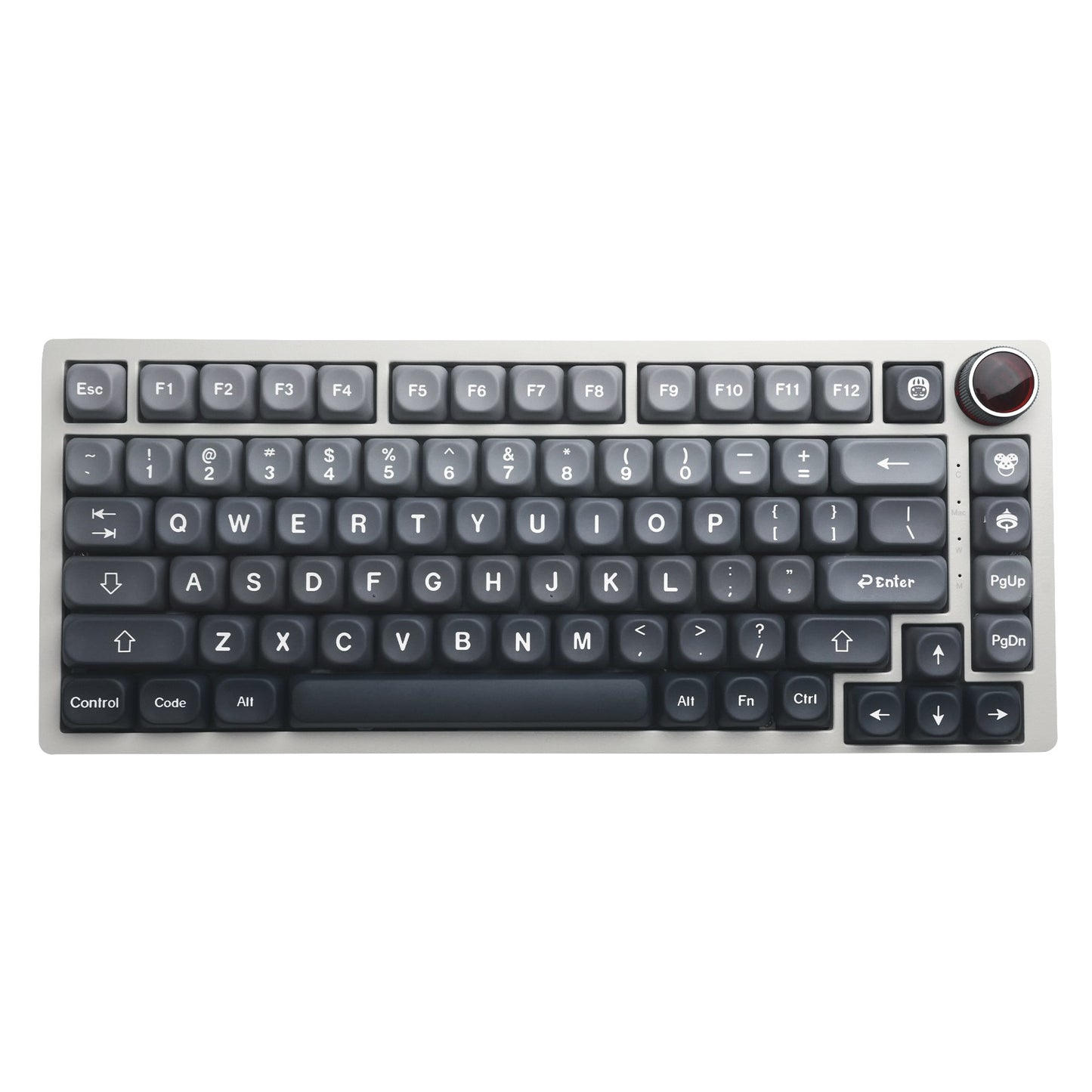 Dark gray PBT keycap set, full layout with white legends and navigation keys