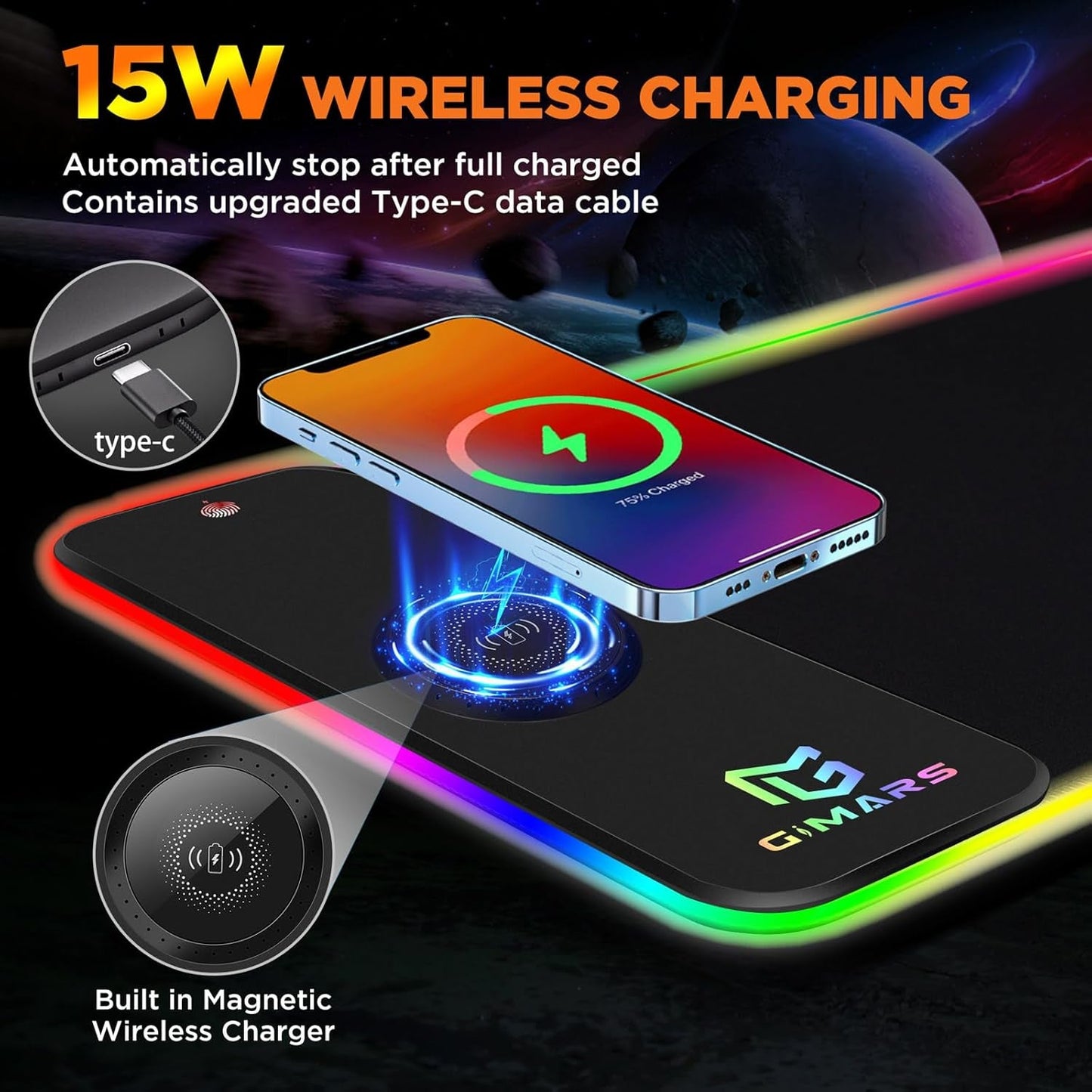 Black wireless charging gaming mouse pad with RGB border and phone charging disc