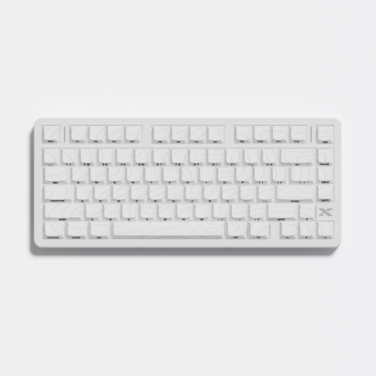 Low-profile mechanical keyboard with white keycaps, unlit key layout