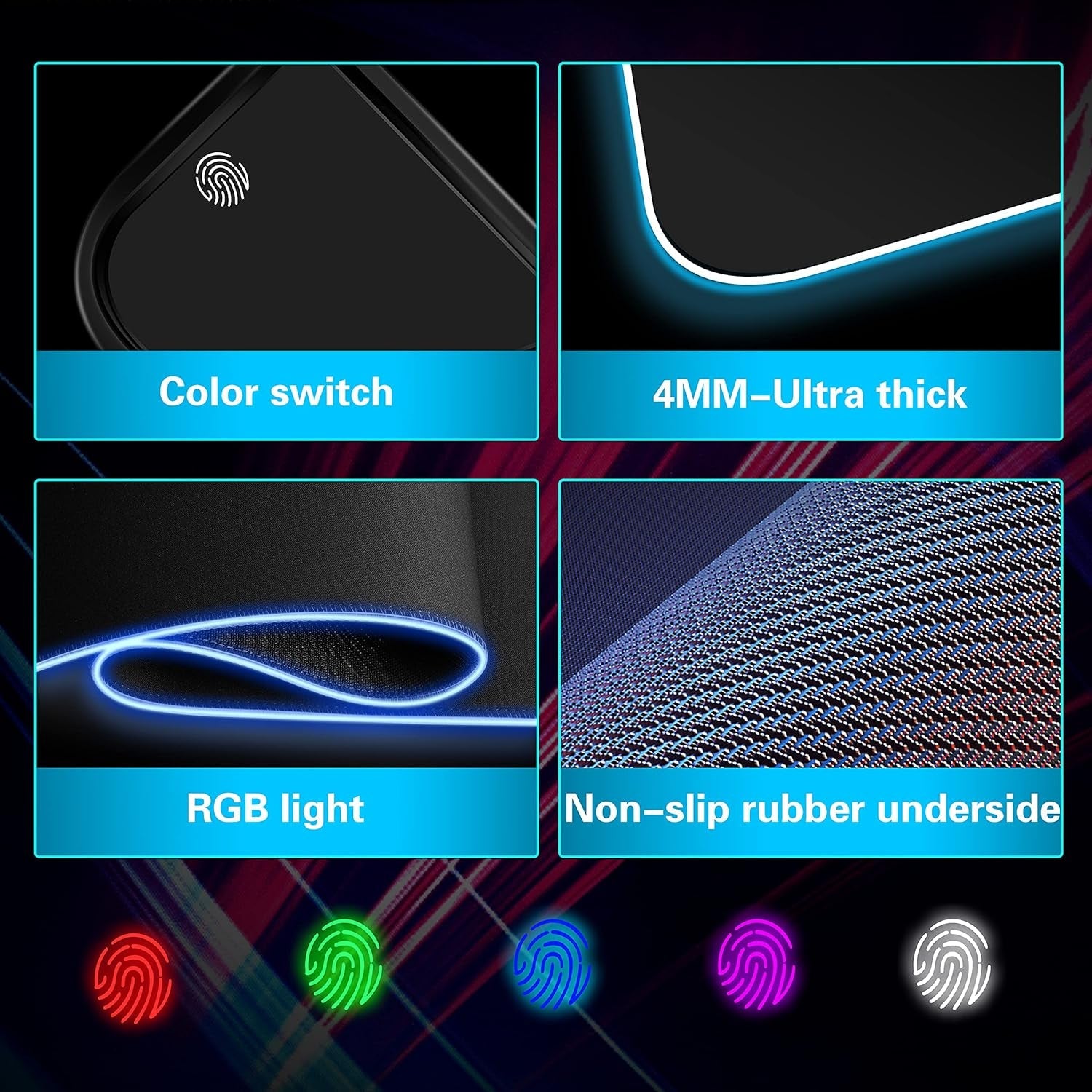 Gaming mouse pad with RGB lighting and non-slip rubber underside detail