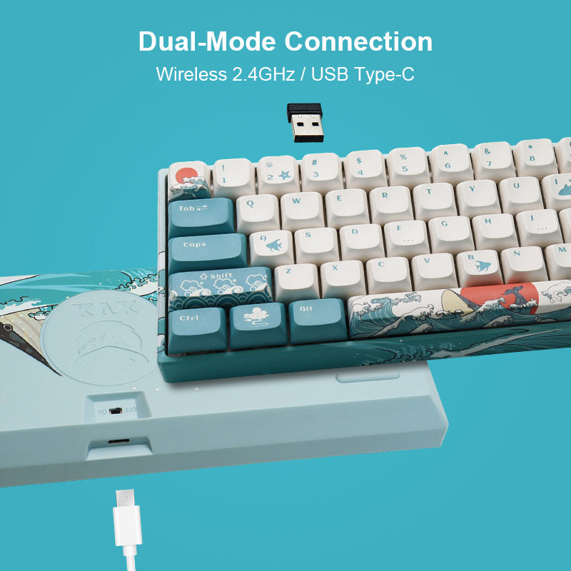 Wireless 61-key keyboard with USB-C connection and ocean themed keycaps
