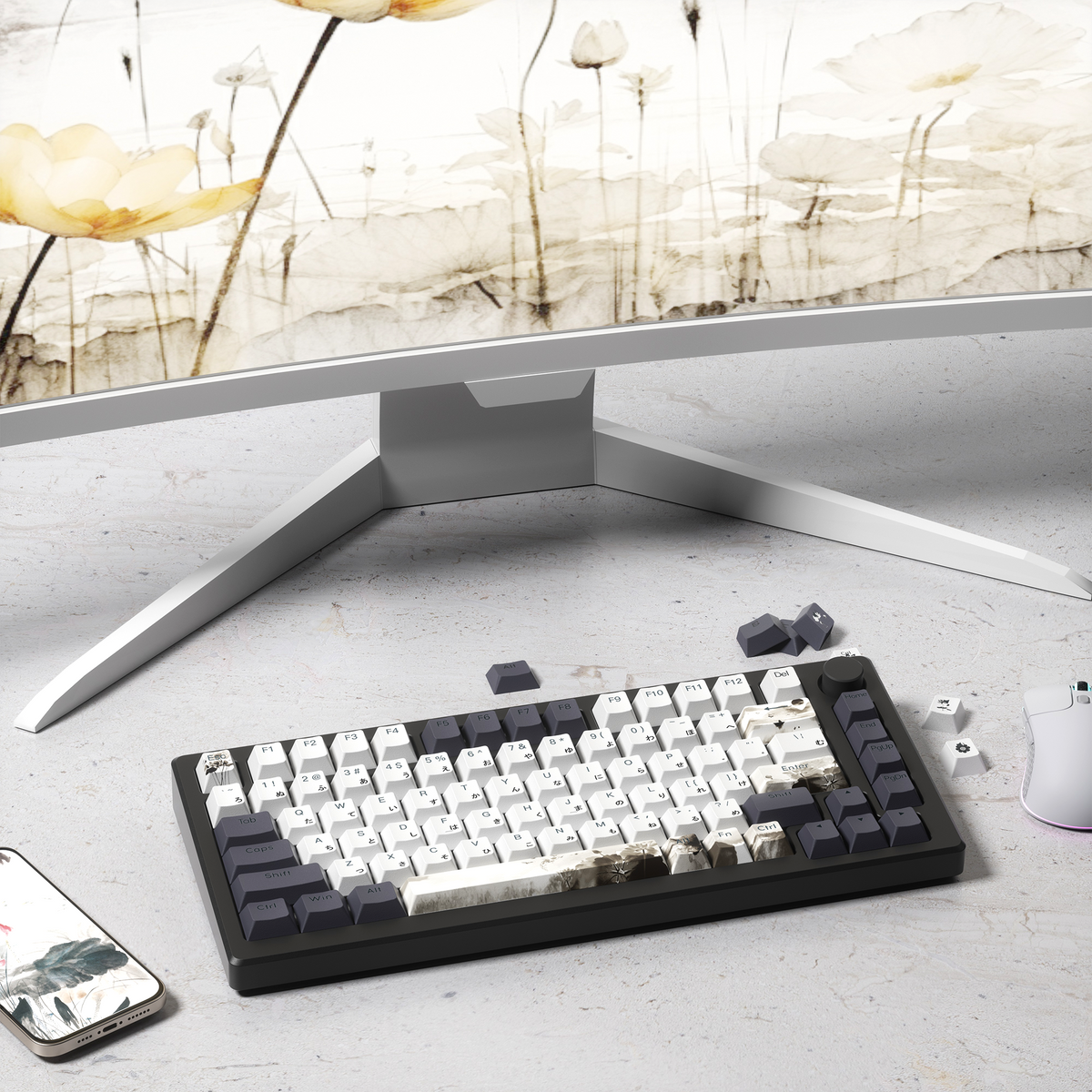 Cherry profile keycap set on keyboard with white and dark keys and lotus accent prints