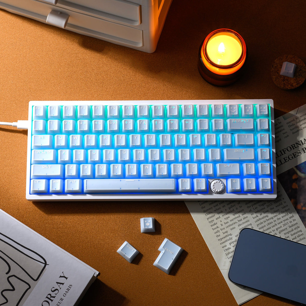 Cherry-profile keycap set with white caps and blue glow, with a circular textured key