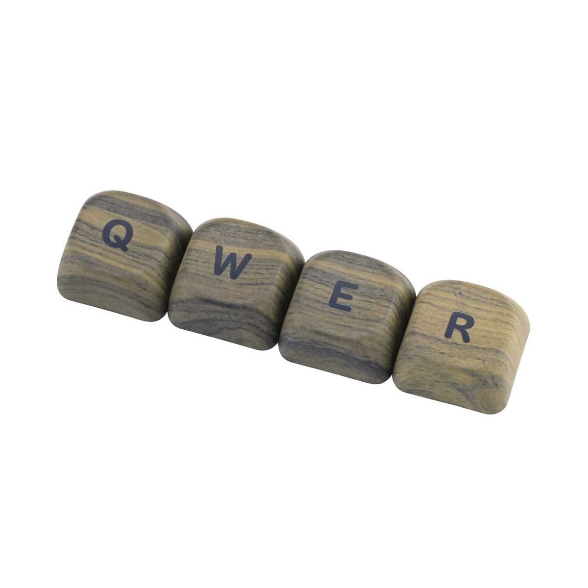 Row of wood-grain MOA keycaps with Q, W, E, R letters visible