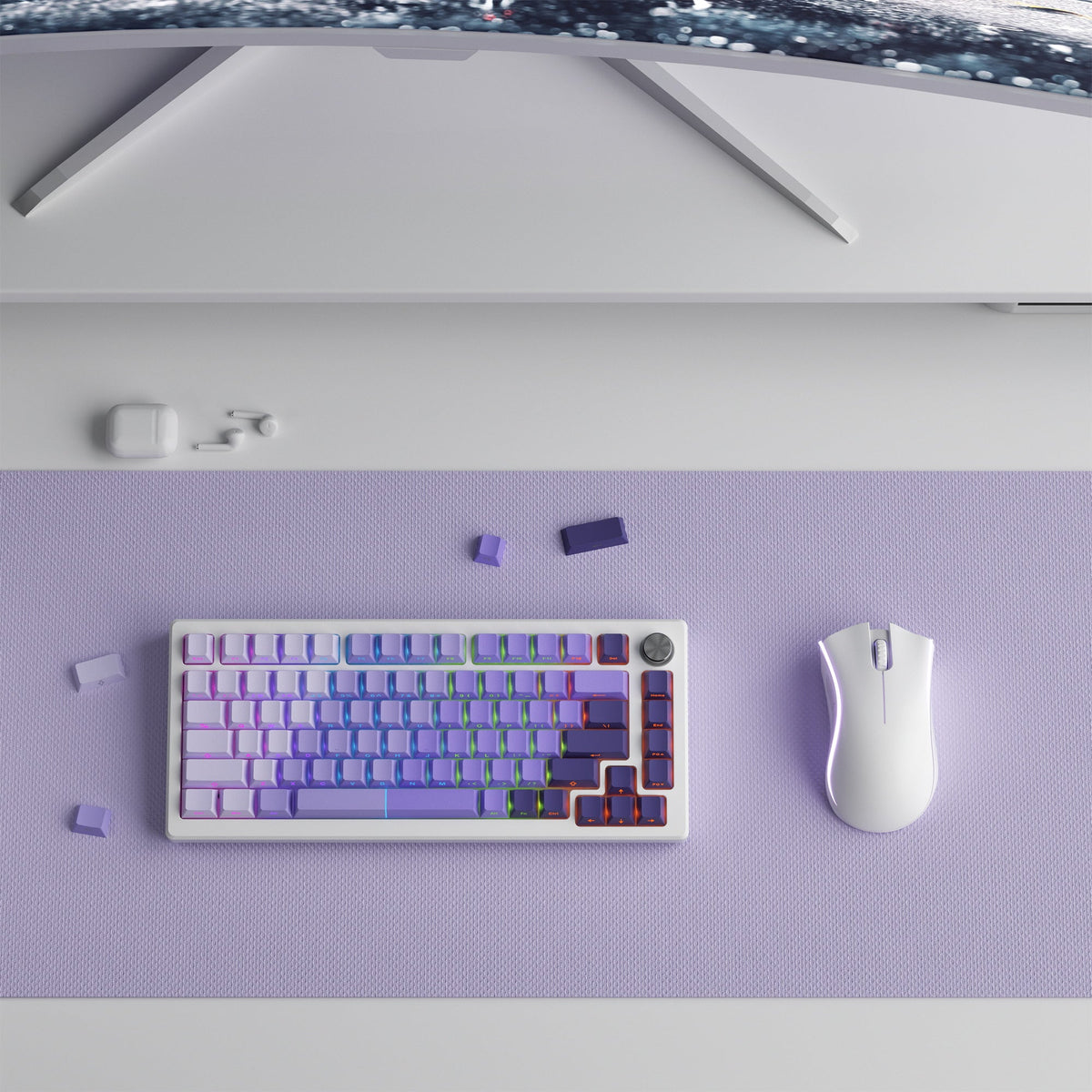 Mechanical keyboard with Cherry-profile PBT keycaps, blue-purple gradient, 121 keys.