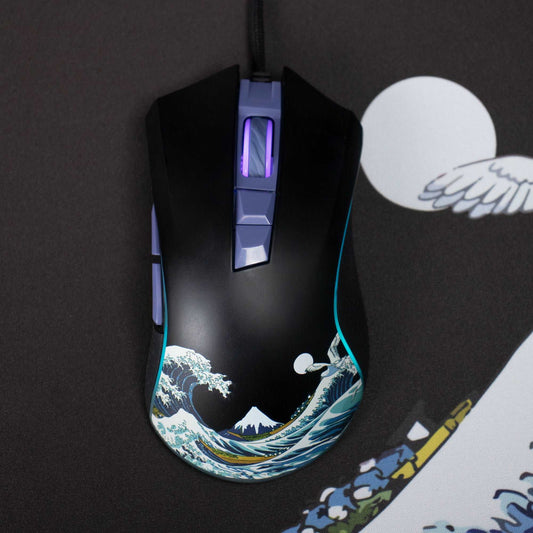 Black wired gaming mouse with purple-lit center, wave artwork and glowing scroll strip.