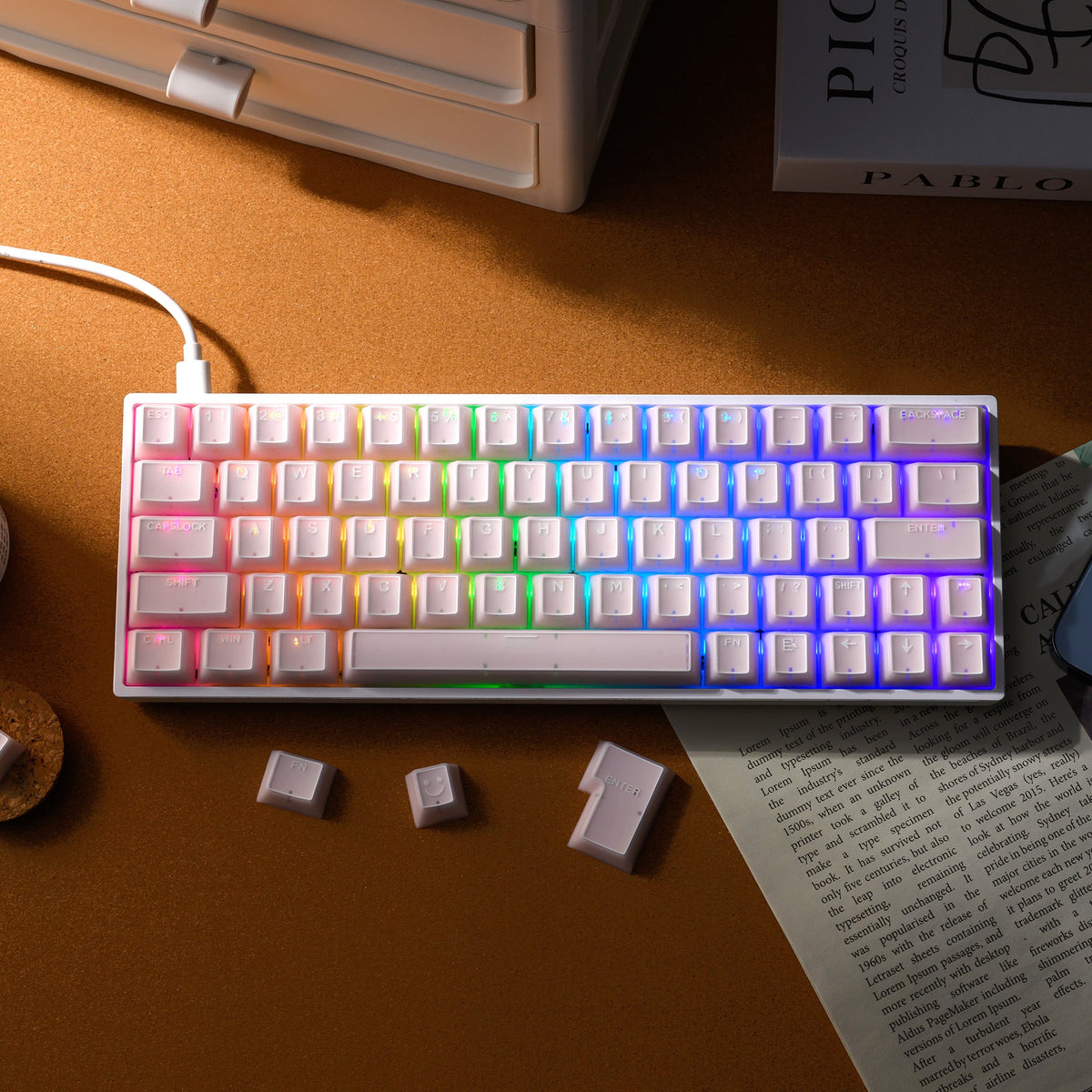 Cherry-profile keycap set with white caps and blue/purple backlit shine-through glow